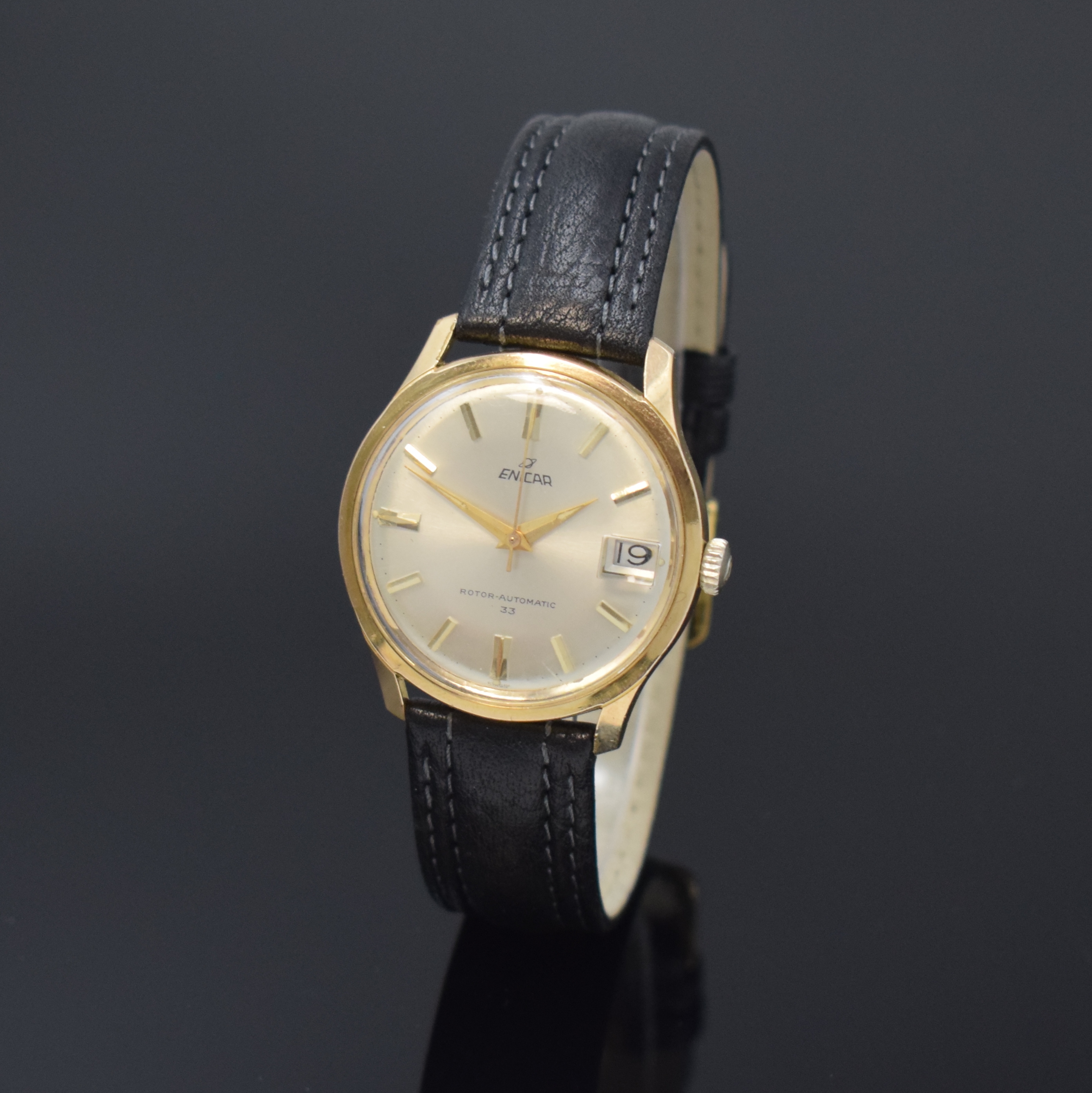 ENICAR Ultrasonic vergoldete Herrenarmbanduhr, Schweiz um 1965, Automatik, Stahlboden m. Bajonette-Verschluss, silb. Zifferbl. m. gold. Std.-Indizes ...