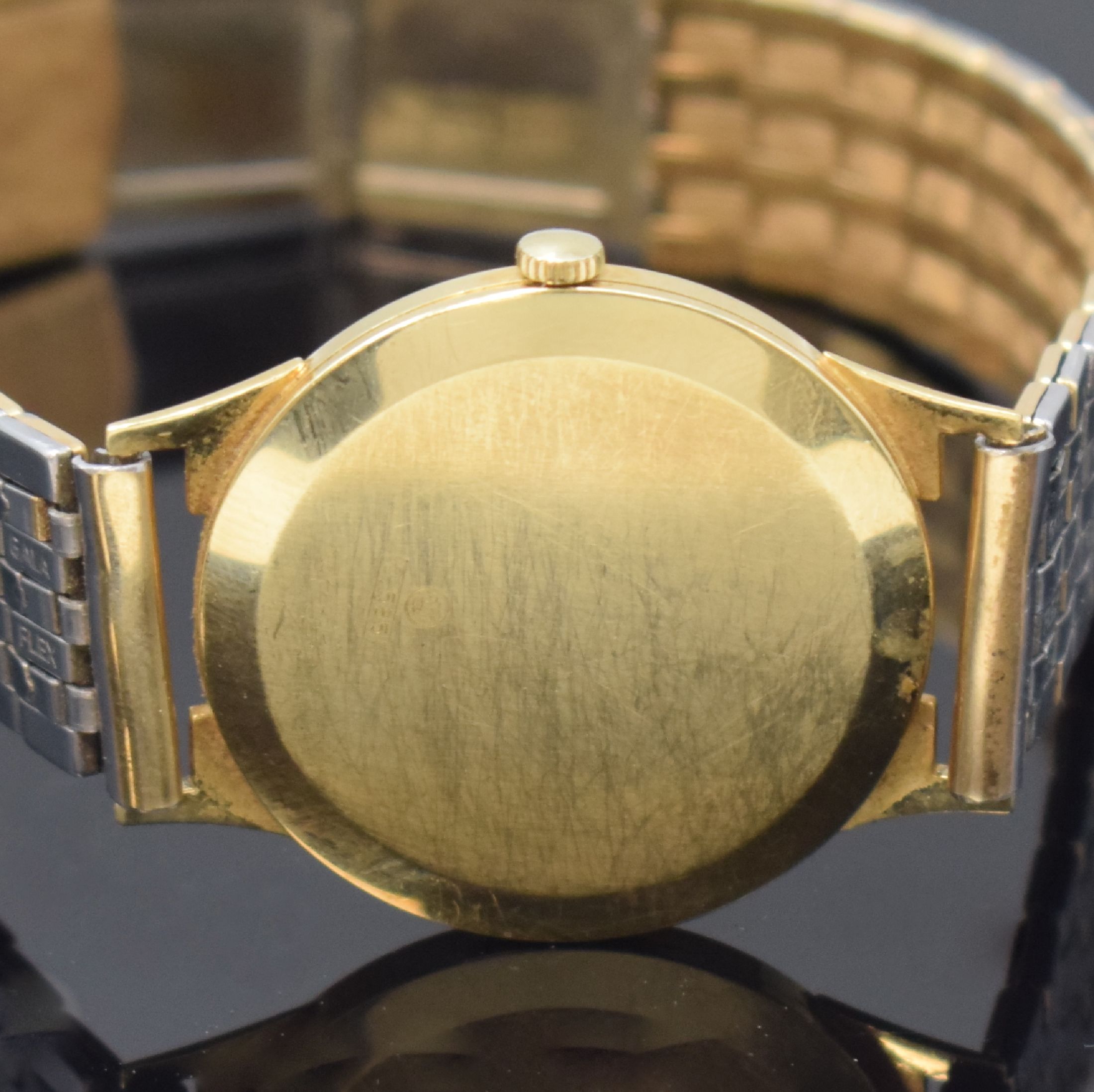 Detail c: PRIOSA Extra Armbanduhr in GG 585/000, Schweiz um 1960, Handaufzug, Boden aufgedr., verg. Flexband, silb. Zifferbl. m. gold. Std.-Ind., gold. Zeiger, ...