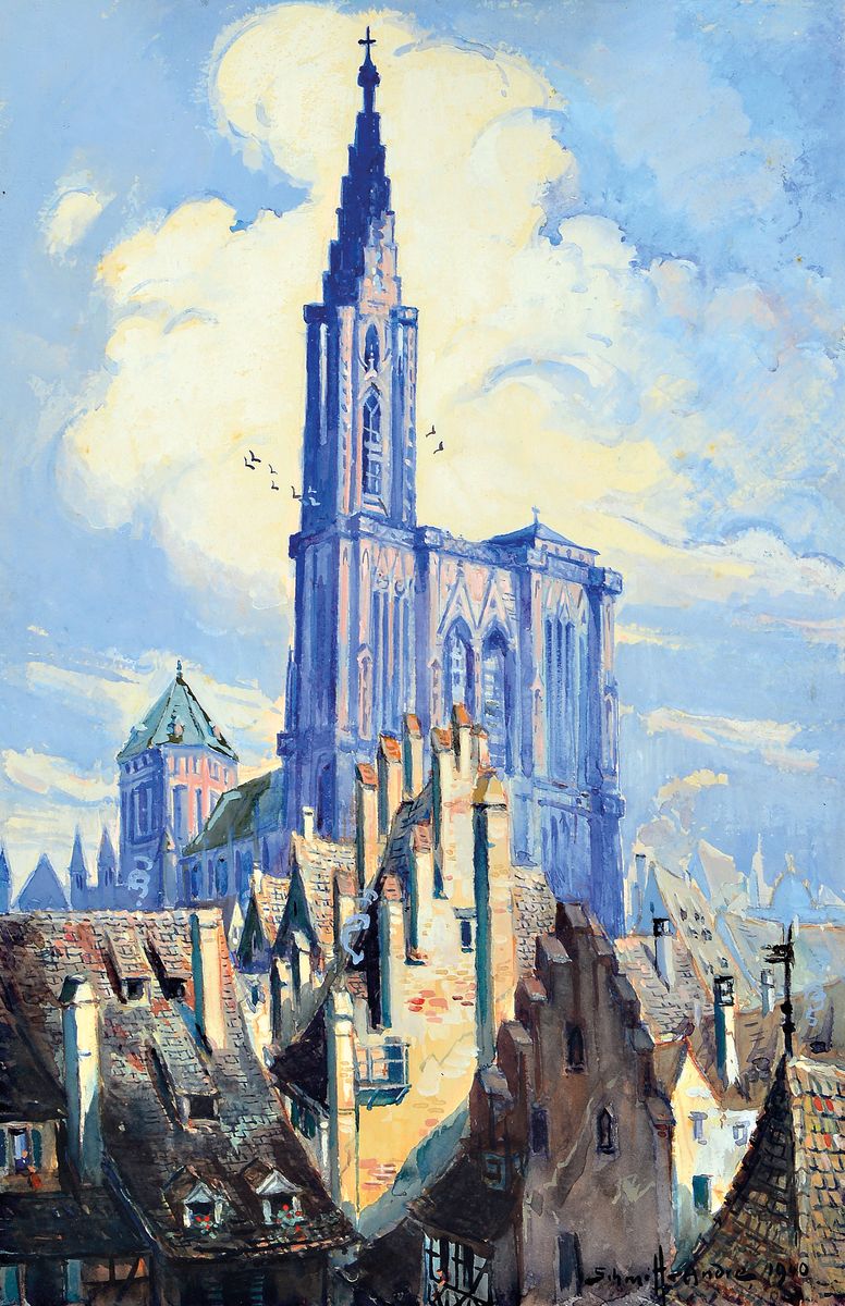 Andre Schmitt,, Straßburg mit Ansicht des Münsters,, Gouache, li. u. signiert und dat., 1940, 48 x 30cm, unter Glas Rahmen 65 x 48 cm