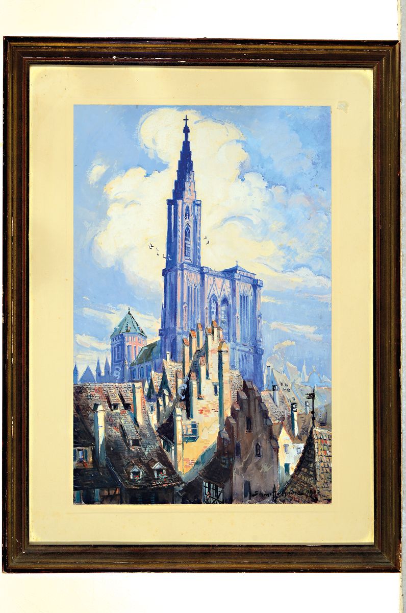 Detail k: Andre Schmitt,, Straßburg mit Ansicht des Münsters,, Gouache, li. u. signiert und dat., 1940, 48 x 30cm, unter Glas Rahmen 65 x 48 cm