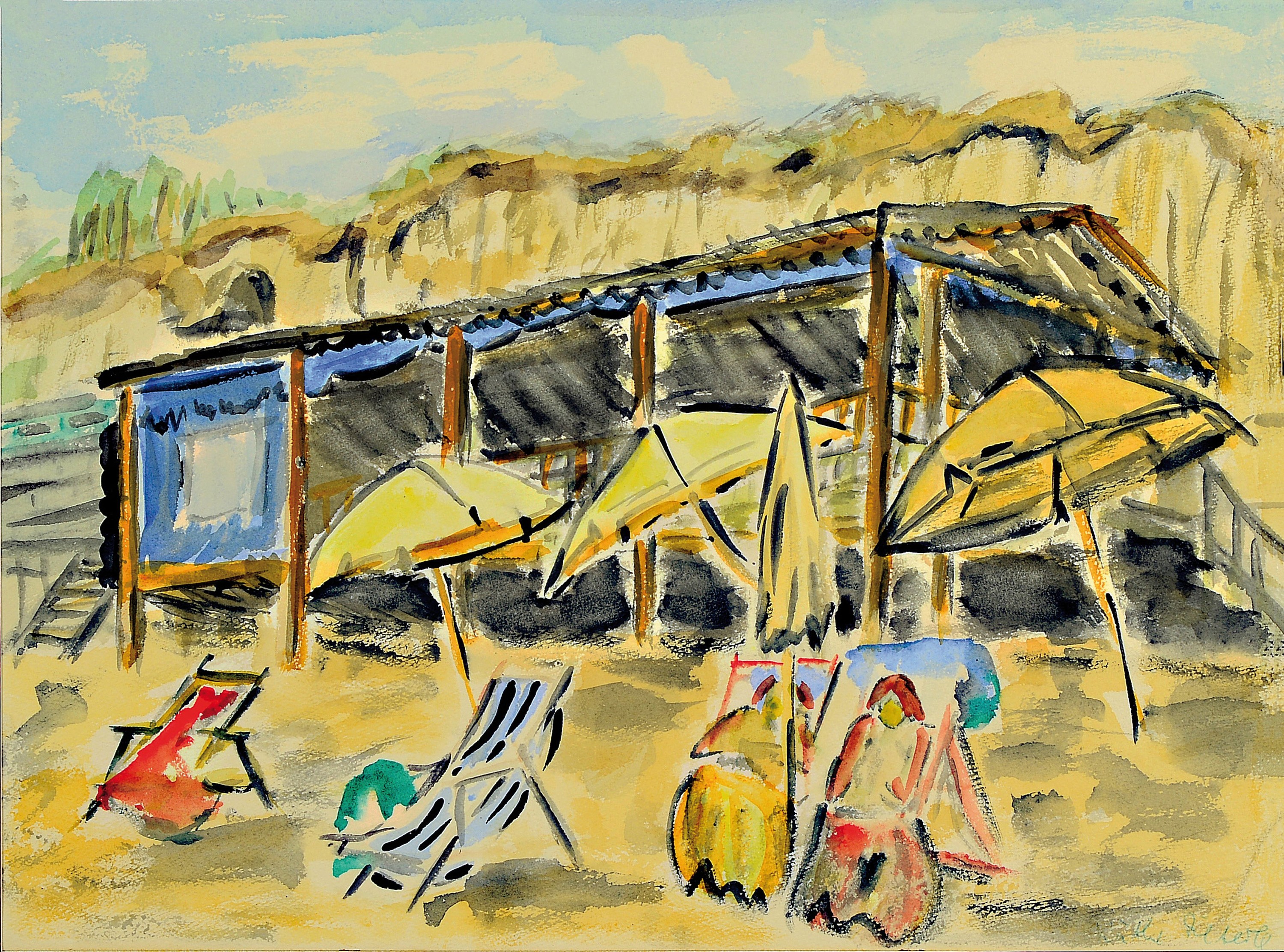 Willy Colberg, Zuschreibung, Aquarell, re. unten signiert, Strandansicht mit zwei Damen auf Liegestühlen, ca. 29 x 39 cm, unter Glas, Rahmen, 46 x ...