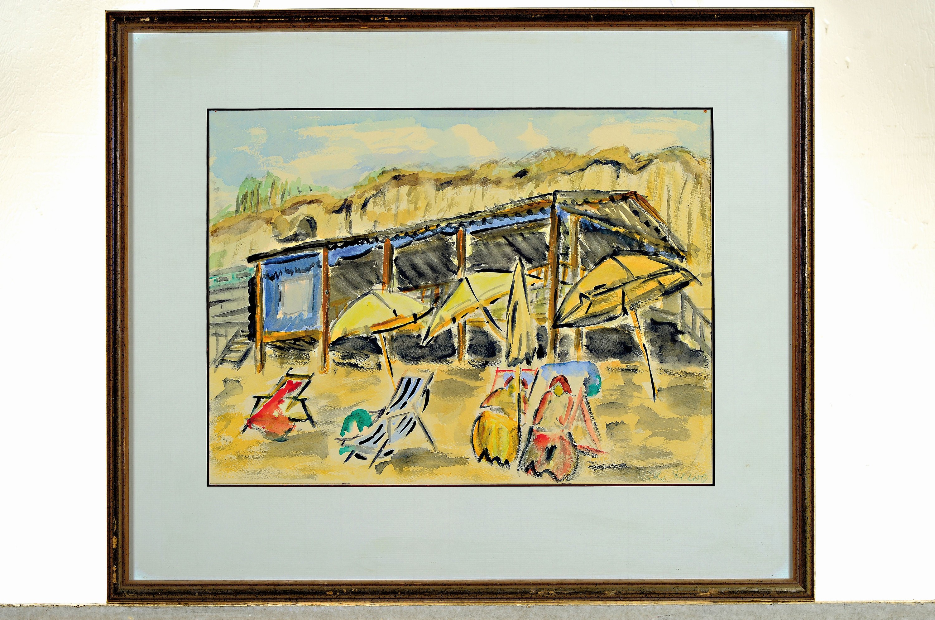 Detail k: Willy Colberg, Zuschreibung, Aquarell, re. unten signiert, Strandansicht mit zwei Damen auf Liegestühlen, ca. 29 x 39 cm, unter Glas, Rahmen, 46 x ...