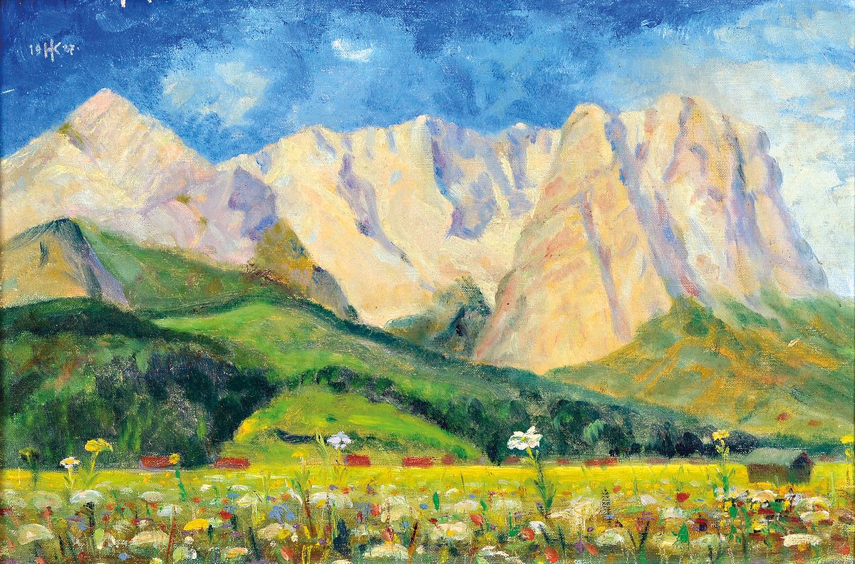 Monogrammist HK, datiert 1927, Alpenlandschaft mit blühender Wiese, links oben monogrammiert und datiert, Öl/Lwd, 32 x 48 cm, Rahmen 94x65 cm