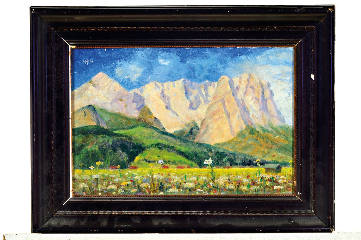 Detail k: Monogrammist HK, datiert 1927, Alpenlandschaft mit blühender Wiese, links oben monogrammiert und datiert, Öl/Lwd, 32 x 48 cm, Rahmen 94x65 cm