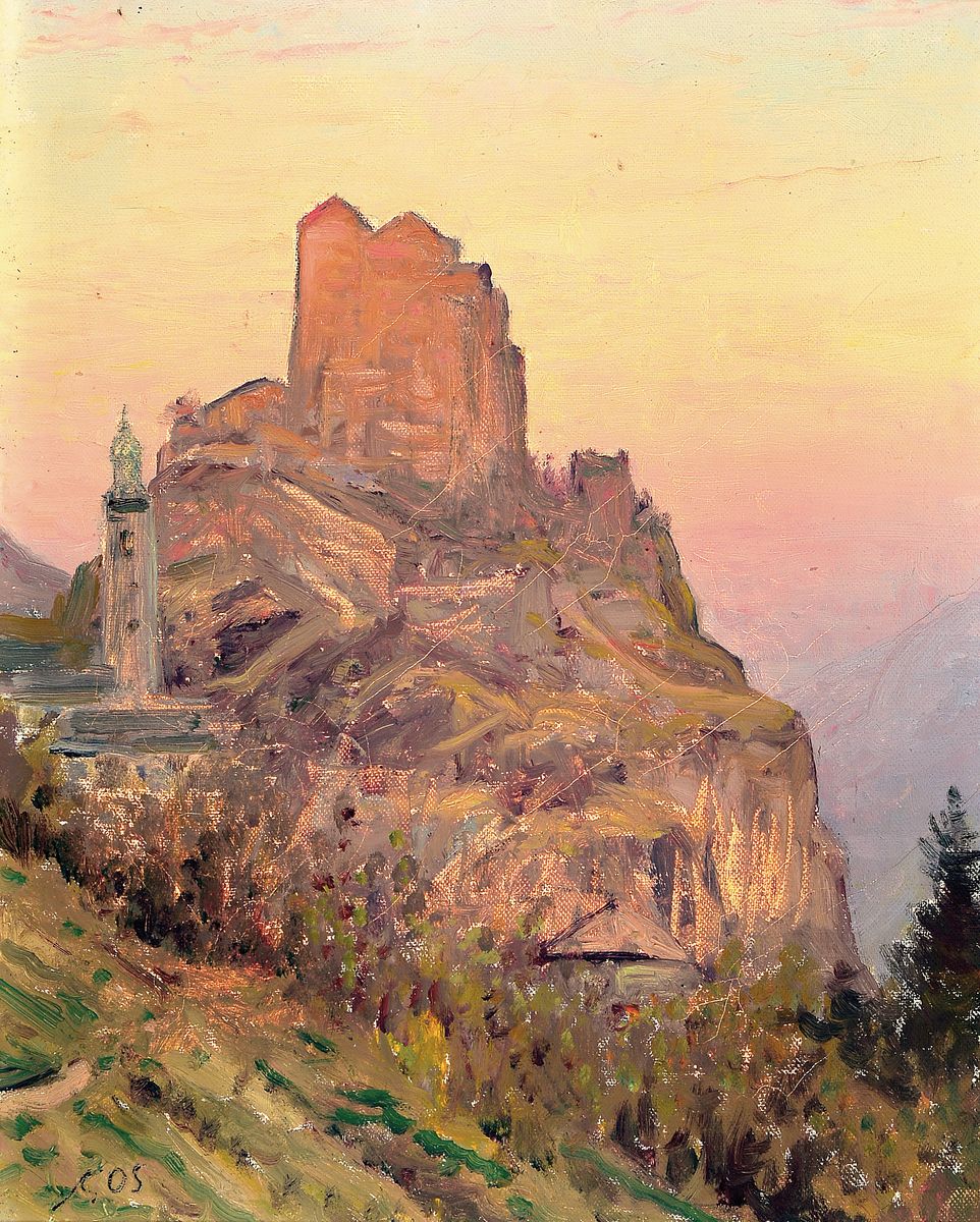 Francois Gos, 1880-1975, Blick auf eine Burg bei Sonnenaufgang, Öl/Lwd, links unten signiert, ca. 40x32cm, R. ca. 50x42cm