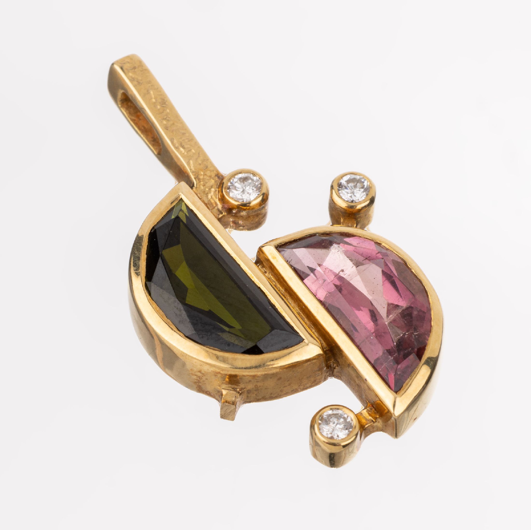 18 kt Gold Turmalin-Brillant-Anhänger, GG 750/000, 2 facett. Turmaline zus. ca. 4.80 ct,3 Brillanten zus. ca. 0.12 ct feines Weiß/vs, (1 Brillant ...