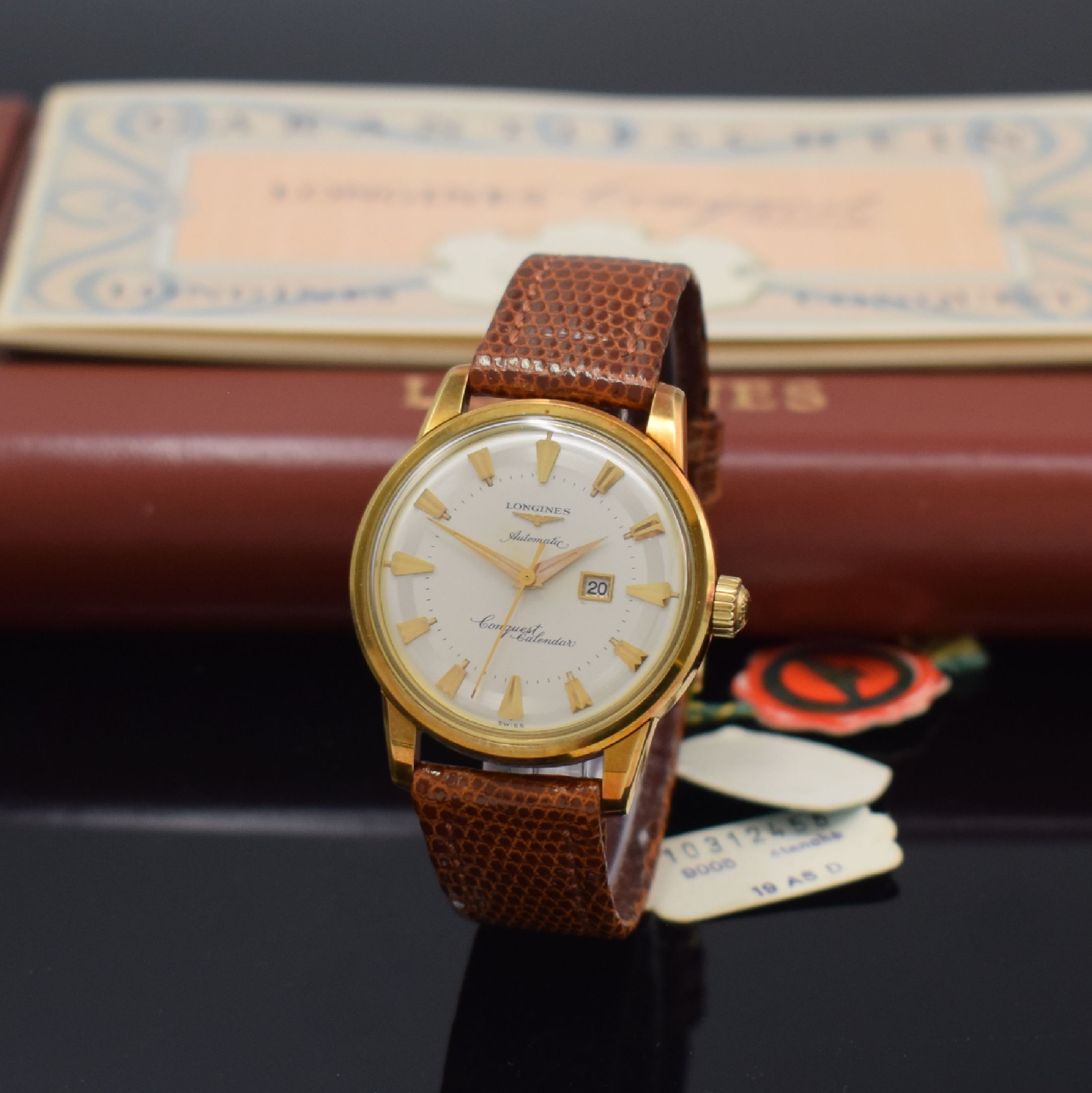 LONGINES nahezu neuwertige Herrenarmbanduhr Conquest Calendar in GG 750/000 Referenz 9005 23 mit original Etui und Papieren, Automatik, Schweiz um ...