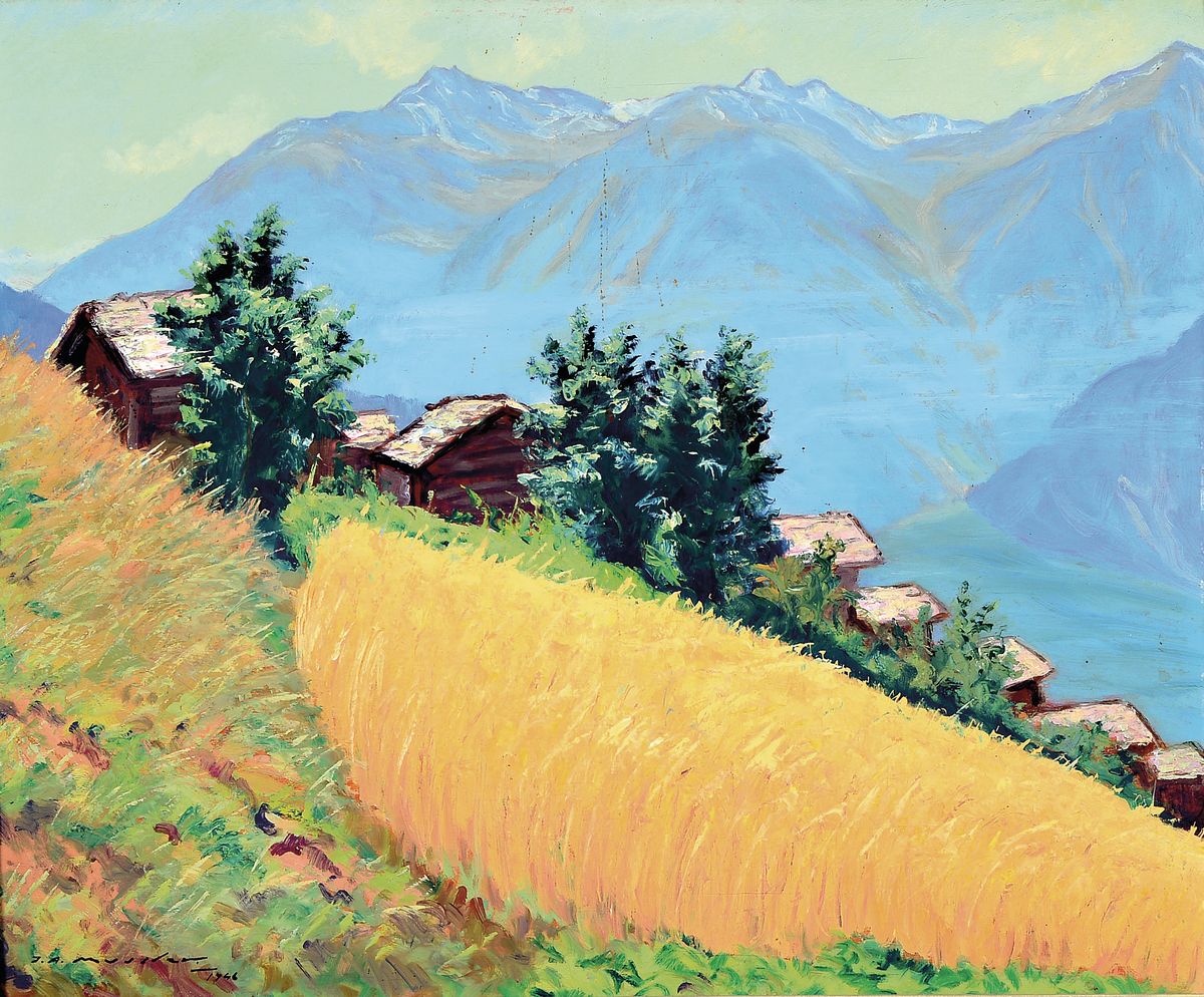 Joseph Andre Mussler, 1904-1980, Hütten auf der Alm, Öl/Sperrholz, links unten signiert, ca. 50x60cm, R. ca. 72x82cm