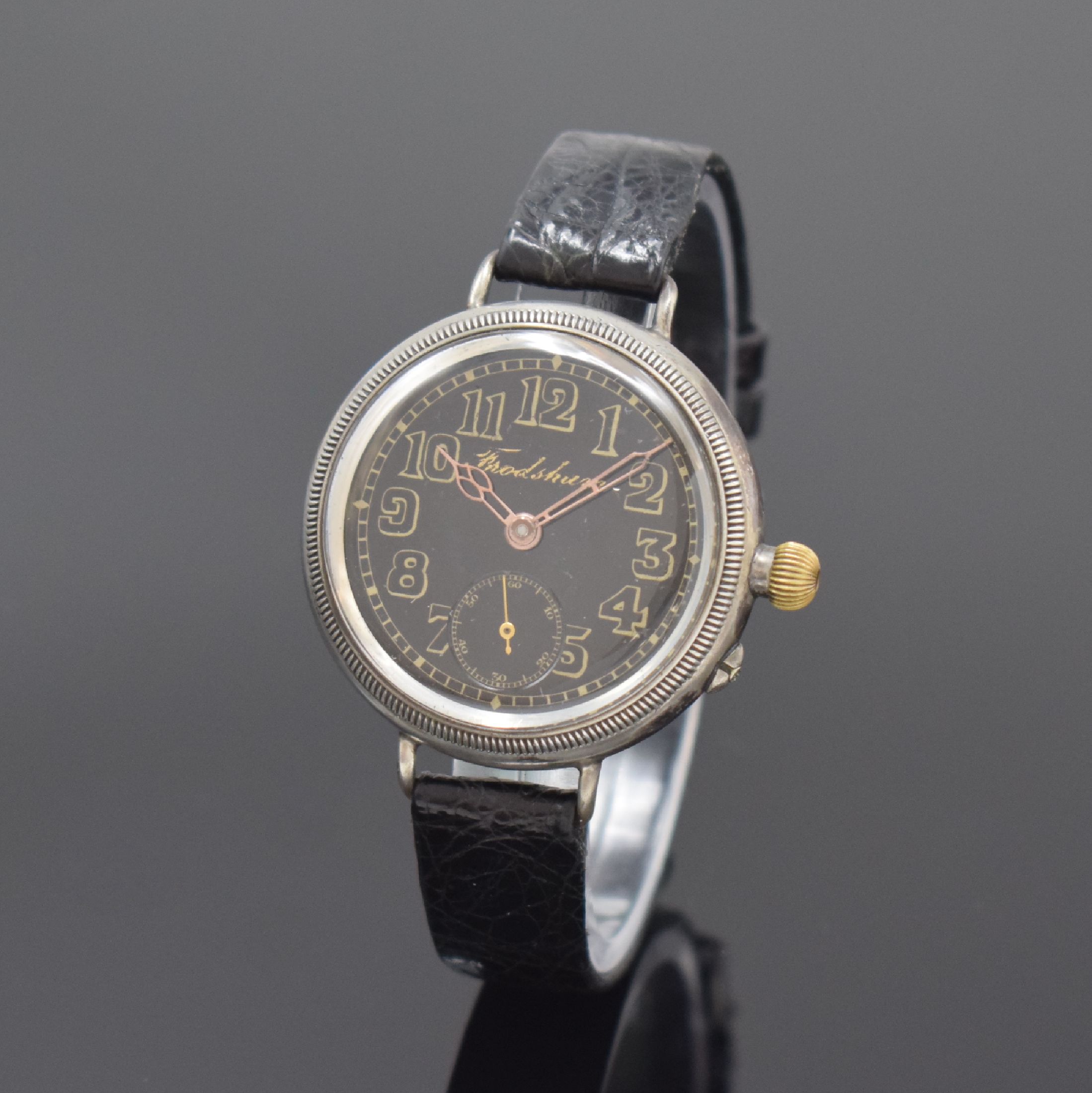 IWC / Frodsham / Stauffer & Co. frühe Herrenarmbanduhr, Handaufzug, Schweiz um 1916, verschr. Sterlingsilbergeh. von F. Borgel, schwarzes Zifferbl. ...
