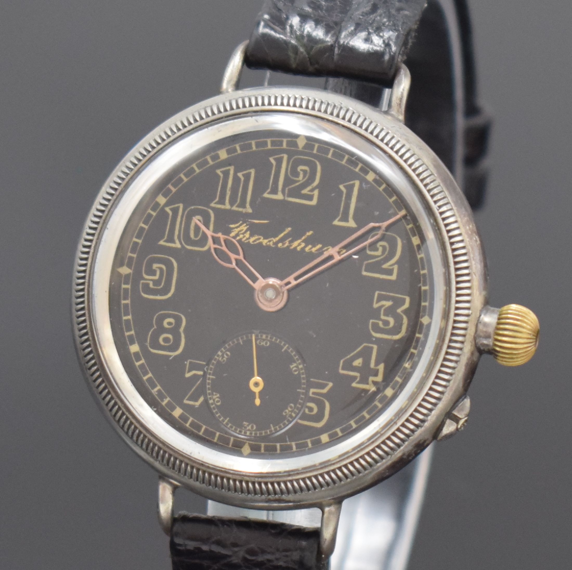 Detail a: IWC / Frodsham / Stauffer & Co. frühe Herrenarmbanduhr, Handaufzug, Schweiz um 1916, verschr. Sterlingsilbergeh. von F. Borgel, schwarzes Zifferbl. ...