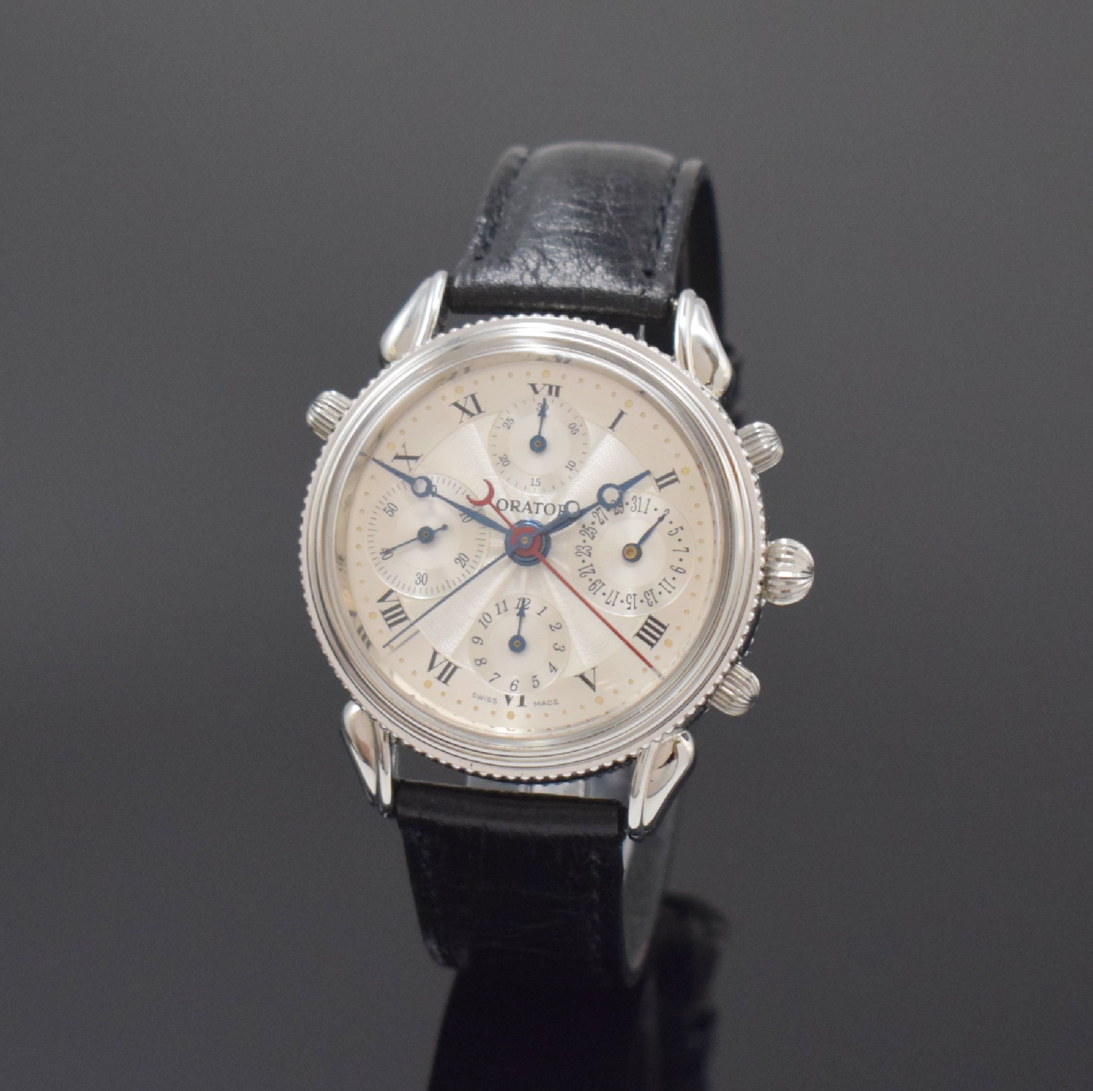 ORATOR Schleppzeigerchronograph Referenz 78200, Automatik, Schweiz um 2000, beids. vergl. Edelstahlgeh., Boden verschr., silb. Zifferbl. guill., Anz. ...