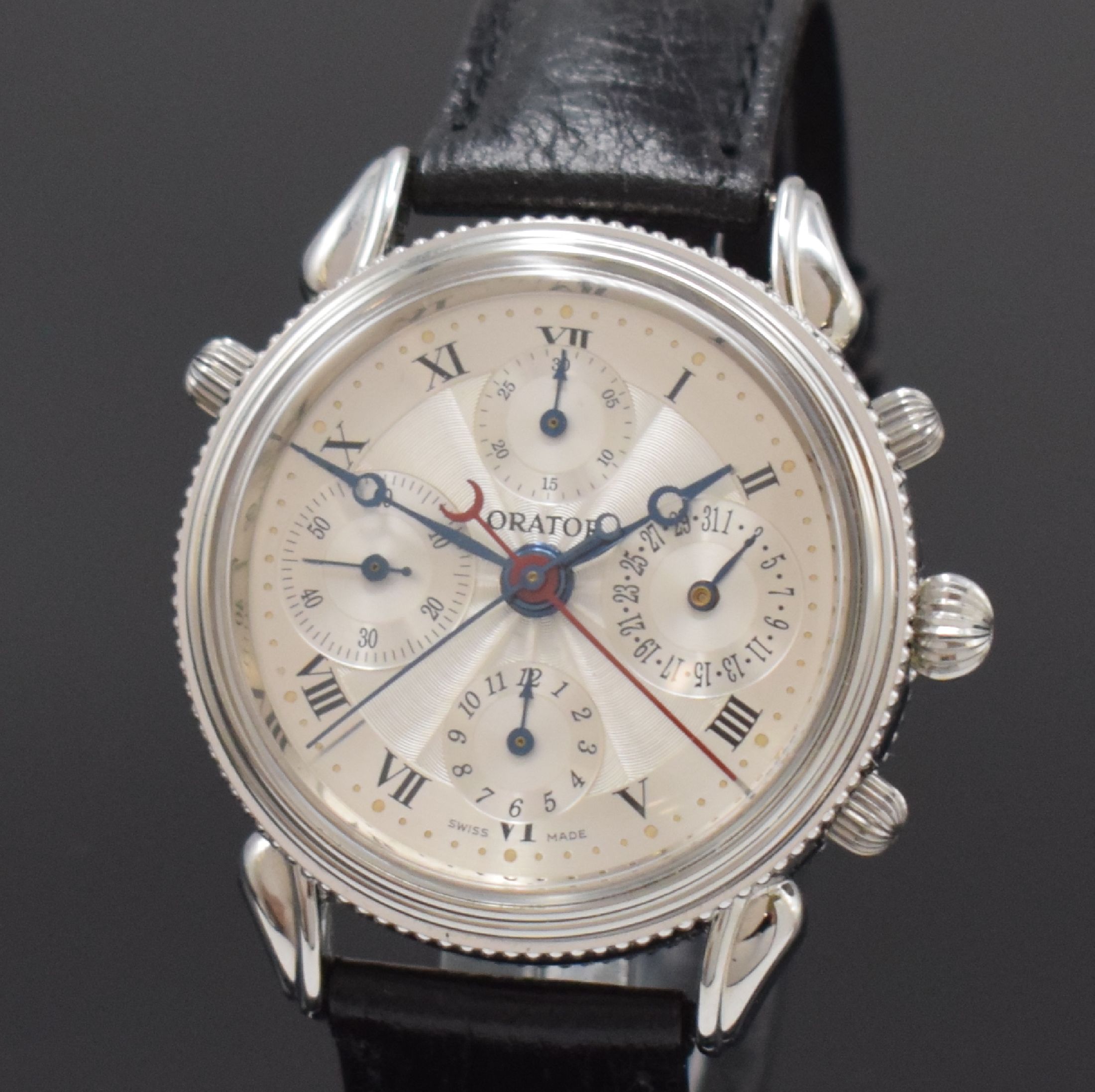 Detail a: ORATOR Schleppzeigerchronograph Referenz 78200, Automatik, Schweiz um 2000, beids. vergl. Edelstahlgeh., Boden verschr., silb. Zifferbl. guill., Anz. ...
