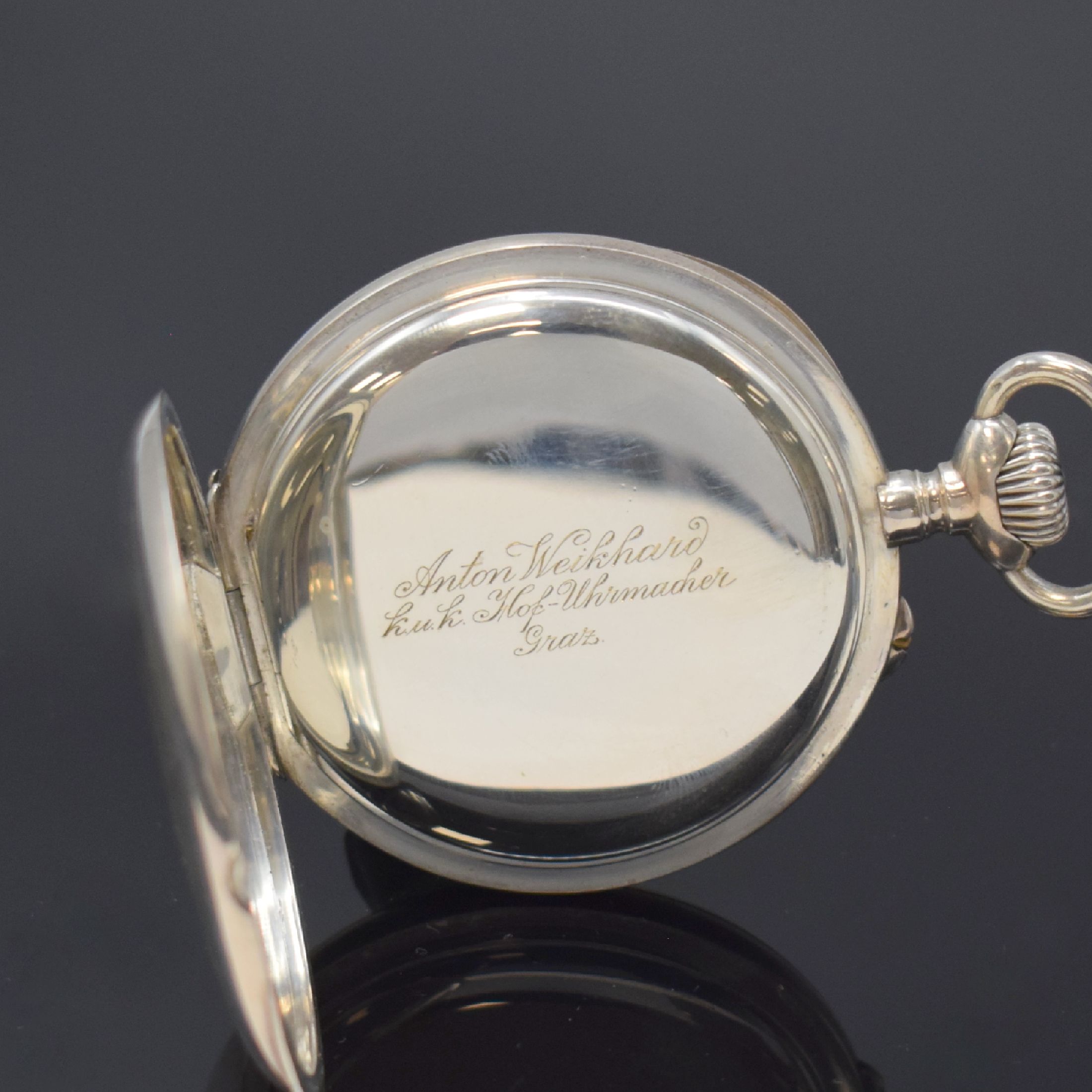 Detail c: J. ASSMANN Glashütte B-Uhr in 900er Silber, Deutschland um 1915, glattes Silbergehäuse, Cuvette sign. Anton Weikhard k.u.k. Hof- Uhrmacher Graz., ...