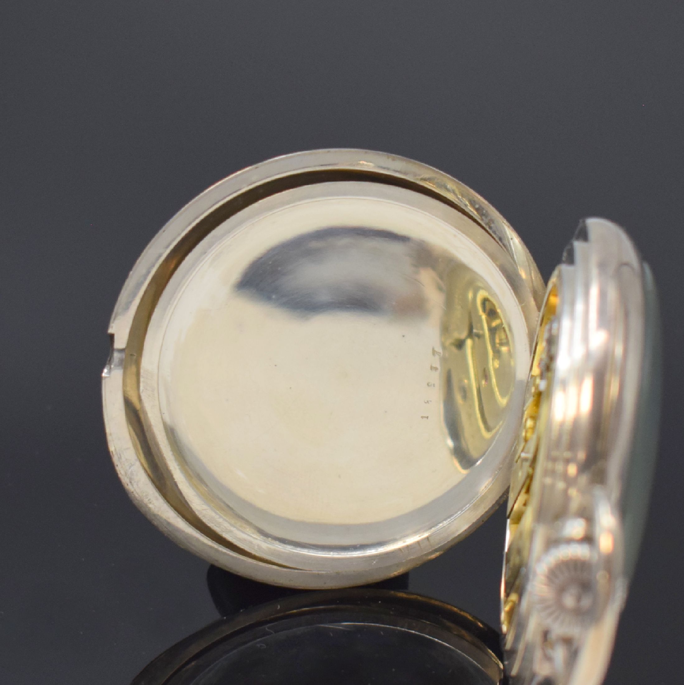 Detail d: J. ASSMANN Glashütte B-Uhr in 900er Silber, Deutschland um 1915, glattes Silbergehäuse, Cuvette sign. Anton Weikhard k.u.k. Hof- Uhrmacher Graz., ...