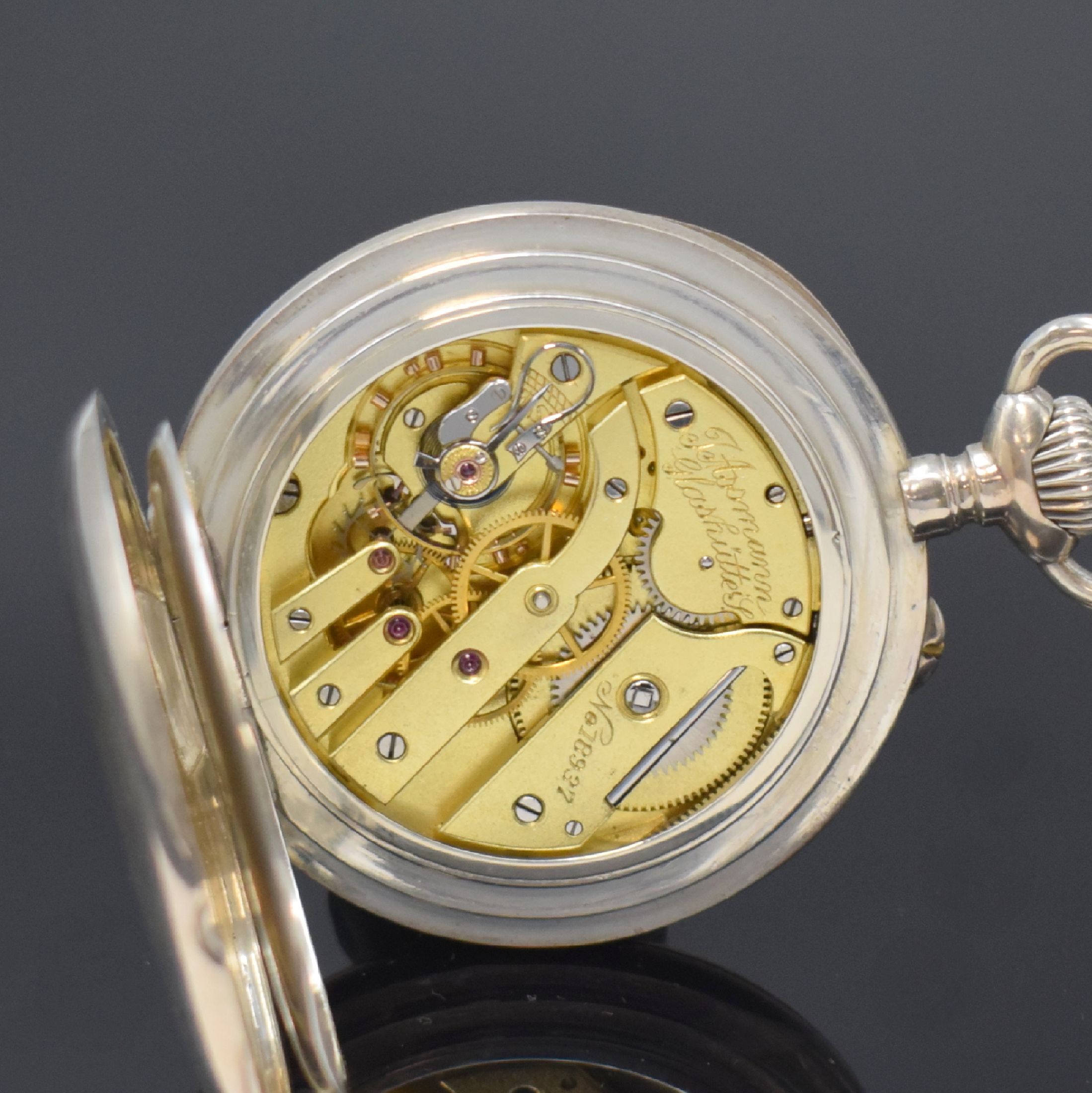 Detail e: J. ASSMANN Glashütte B-Uhr in 900er Silber, Deutschland um 1915, glattes Silbergehäuse, Cuvette sign. Anton Weikhard k.u.k. Hof- Uhrmacher Graz., ...
