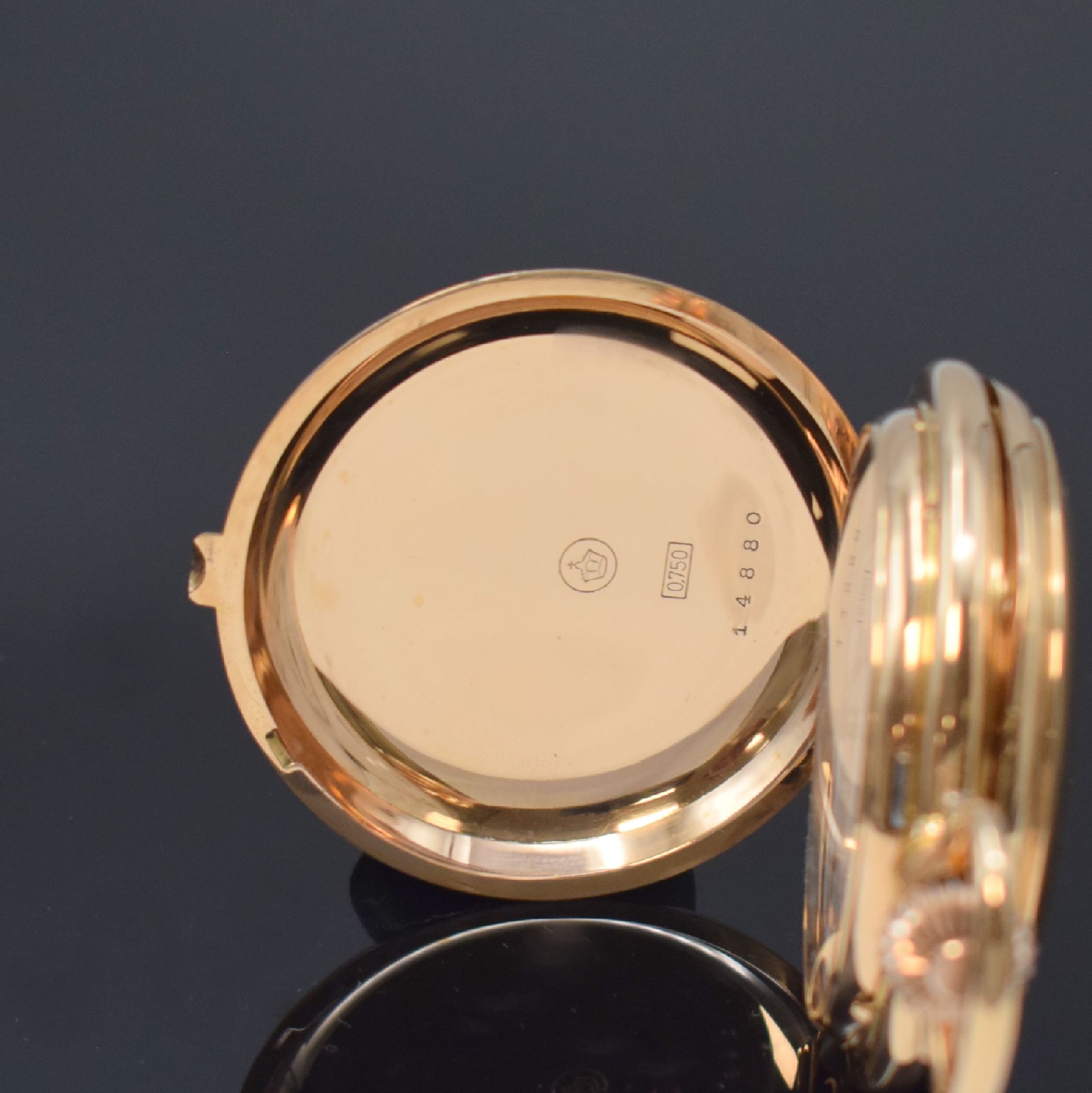 Detail b: A. LANGE & SÖHNE Ankerchronometerwerk in 1 a Qualität Nr. 14880 im neutralen RoseG 750/000 Savonette-Gehäuse, Deutschland um 1880, schweres ...