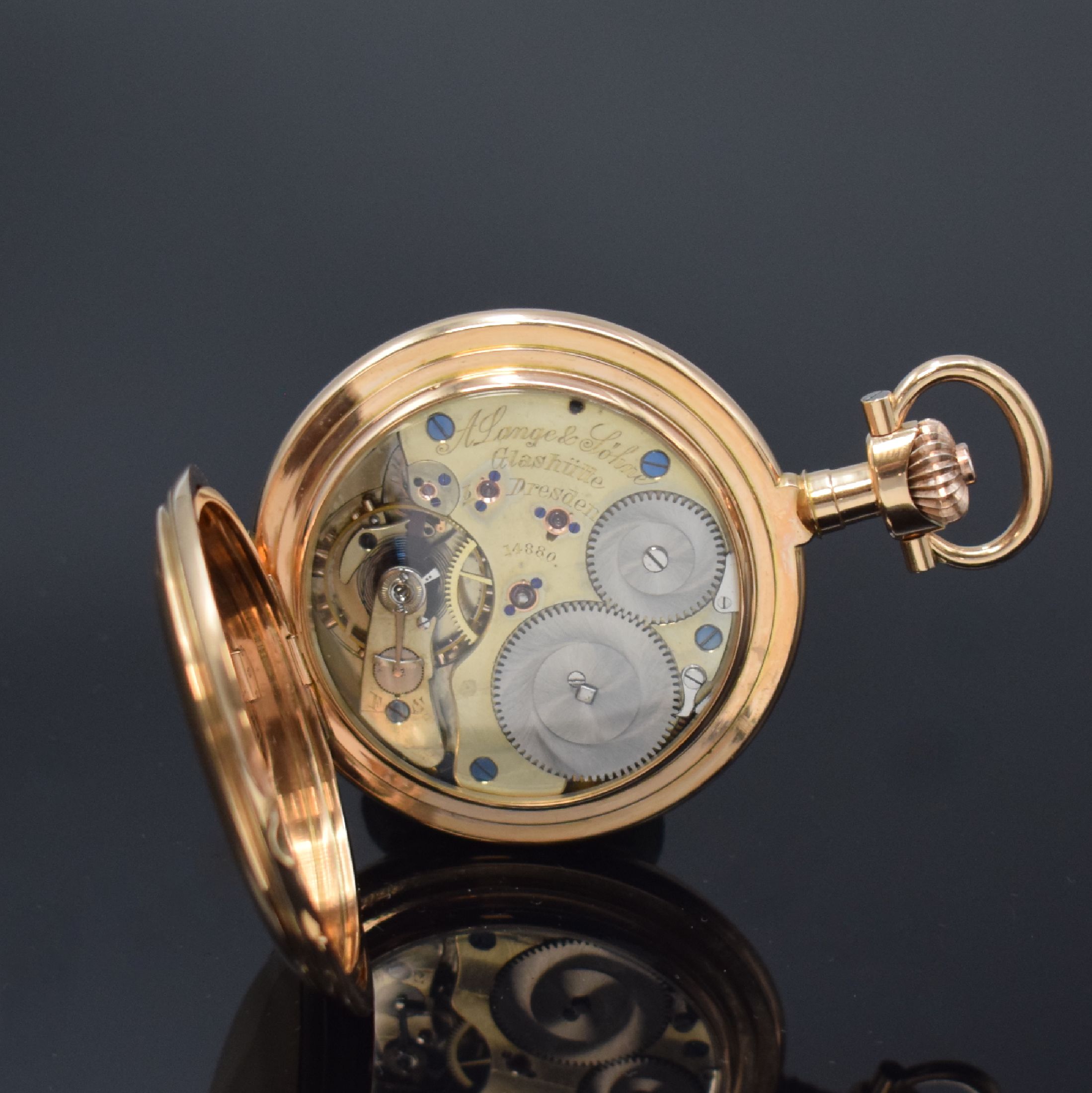 Detail h: A. LANGE & SÖHNE Ankerchronometerwerk in 1 a Qualität Nr. 14880 im neutralen RoseG 750/000 Savonette-Gehäuse, Deutschland um 1880, schweres ...