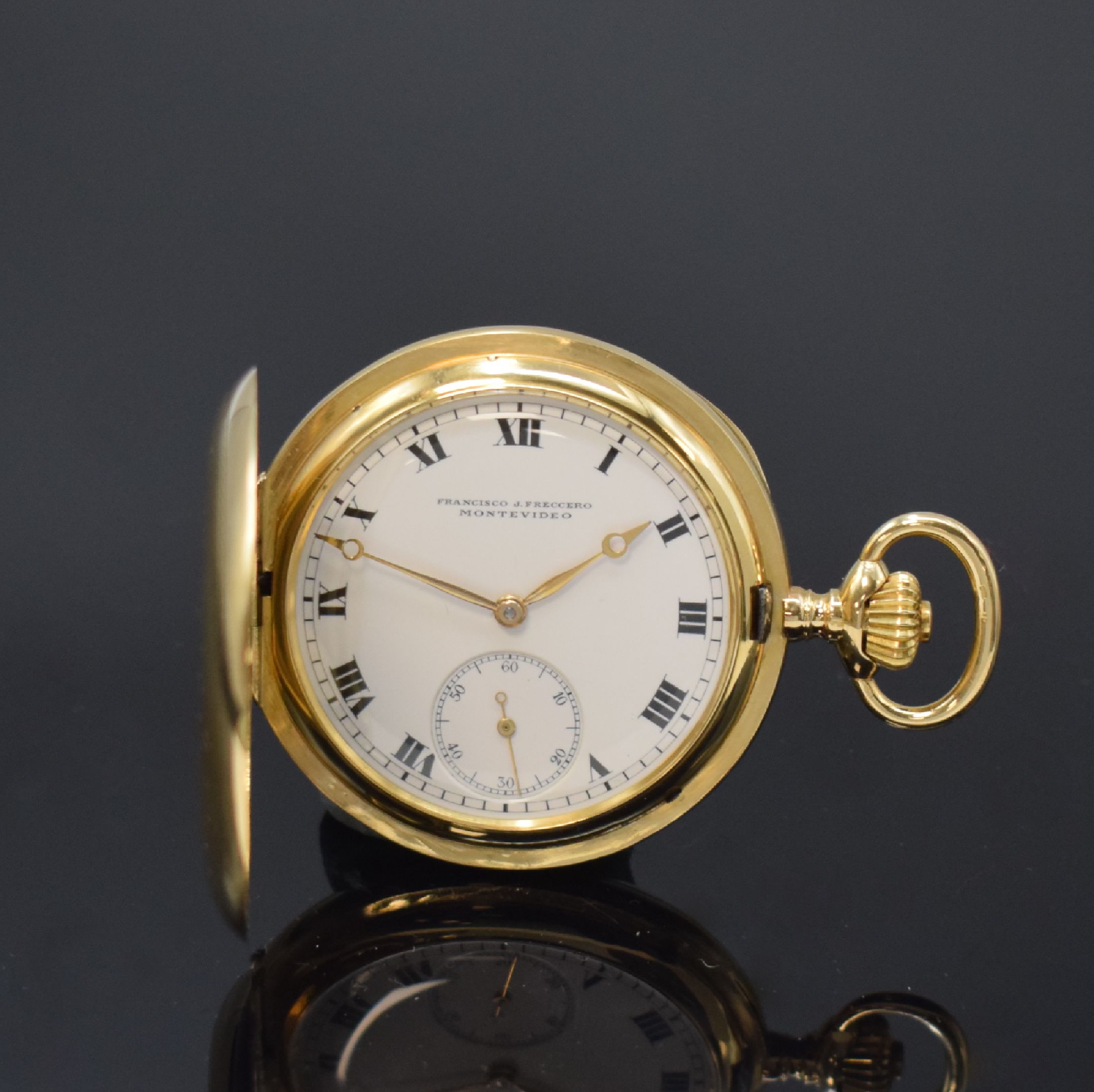 IWC / FRANCISCO J. FRECCERO MONTEVIDEO Savonette Herrentaschenuhr in GG 750/000 Kaliber 66, Schweiz um 1920, guill. 3 Deckel Goldgeh., Sprungdeckel ...