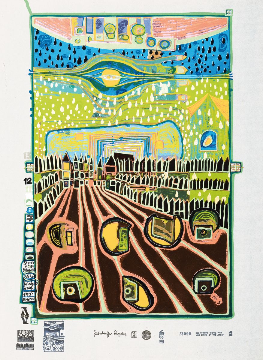 Friedensreich Hundertwasser, 1928-2000, Street for Survivors, Farbsiebdruck mit Metallfolienprägung aus der Regentagmappe, Stempelnummerierung ...