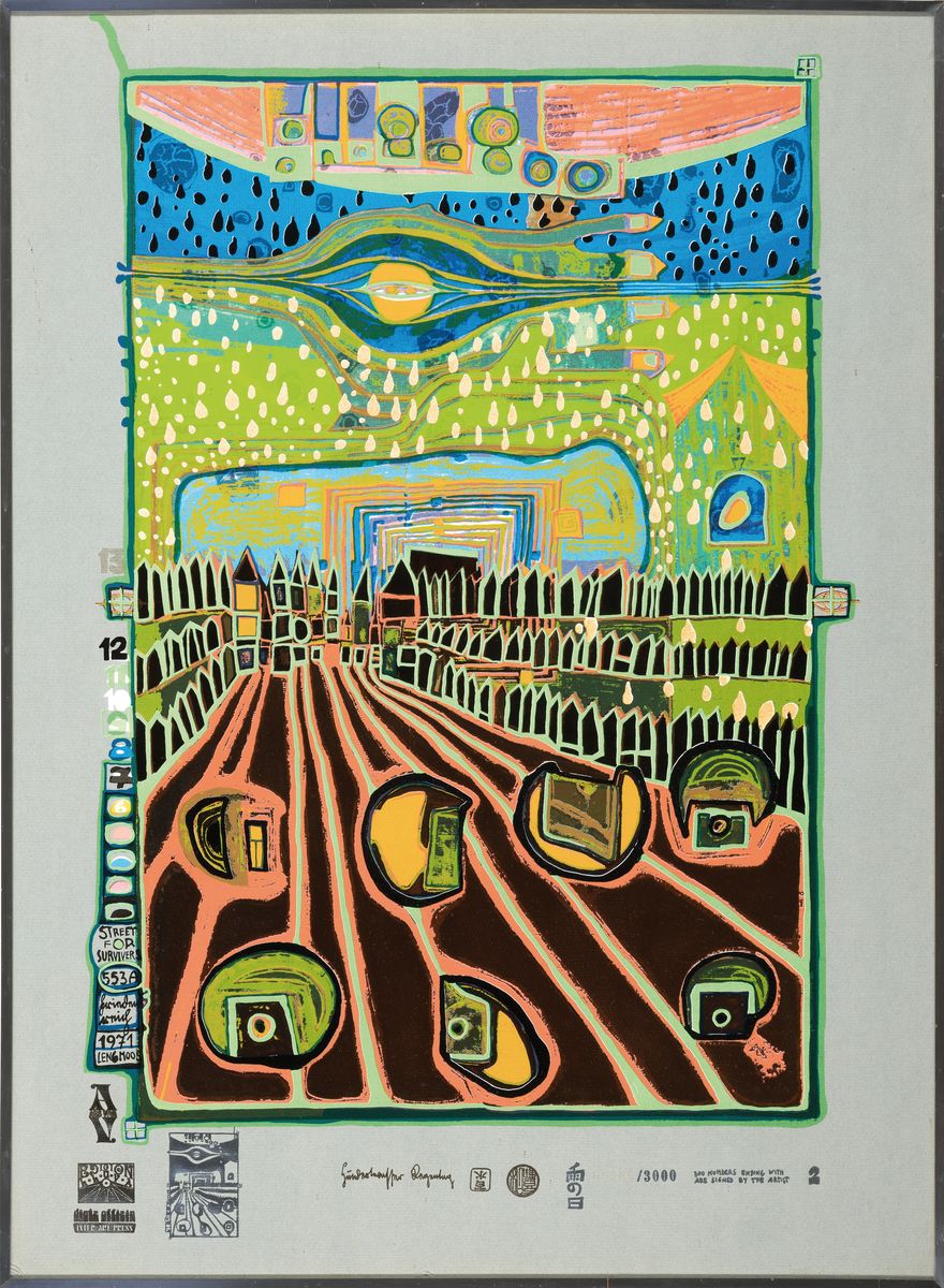 Detail k: Friedensreich Hundertwasser, 1928-2000, Street for Survivors, Farbsiebdruck mit Metallfolienprägung aus der Regentagmappe, Stempelnummerierung ...