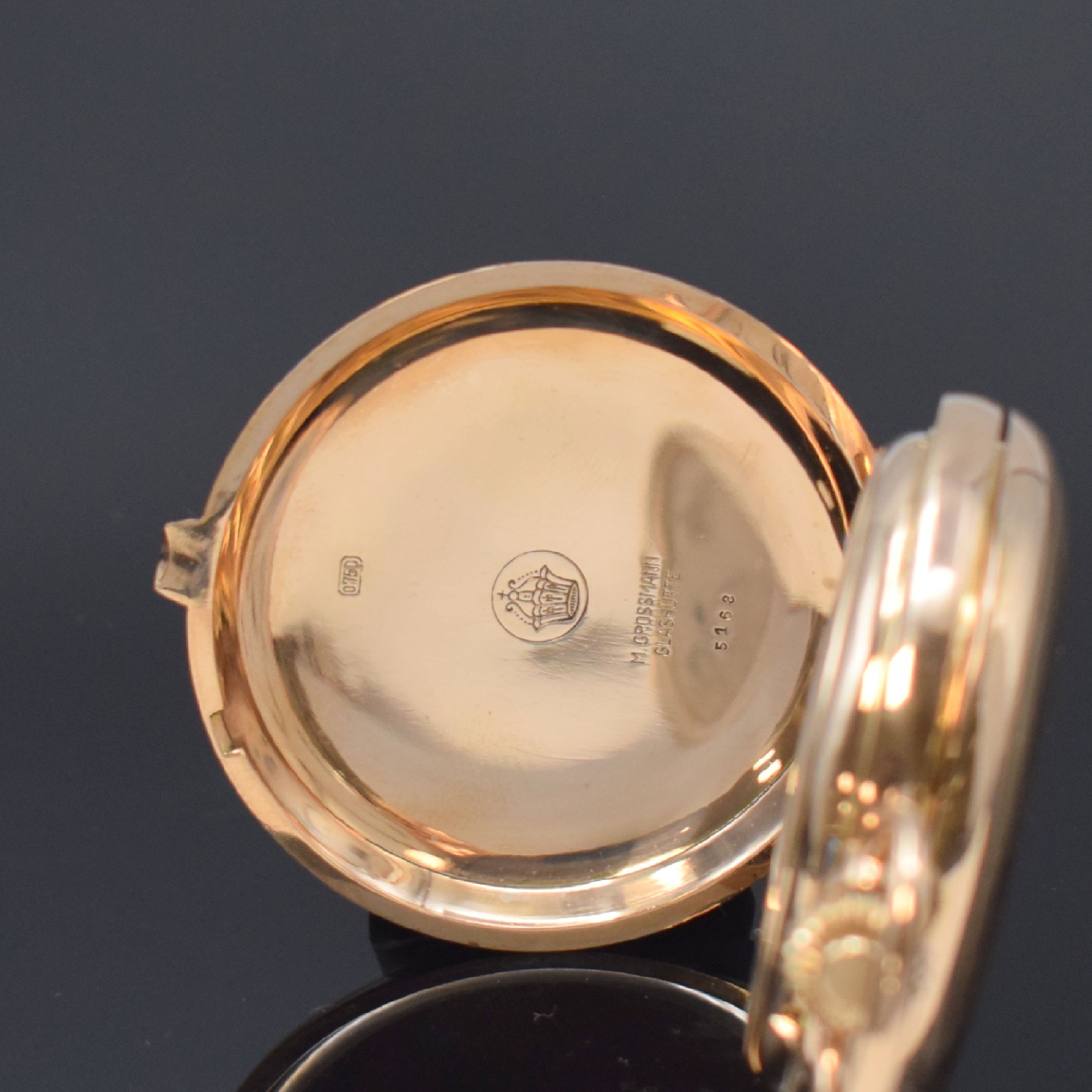 Detail a: M. GROSSMANN Glashütte in Sachsen Savonette Taschenuhrwerk im neutralen RG 750/000 Gehäuse, Deutschland um 1880, schweres, 3- Deckel Goldgeh., ...