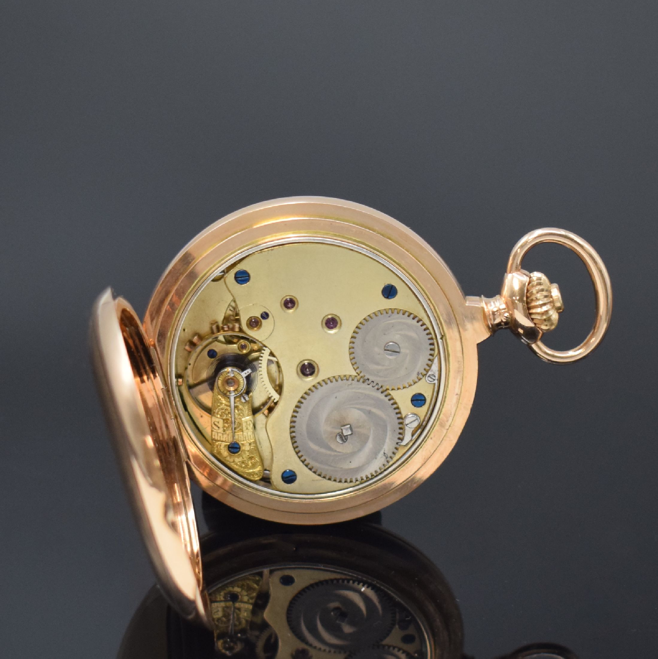 Detail e: M. GROSSMANN Glashütte in Sachsen Savonette Taschenuhrwerk im neutralen RG 750/000 Gehäuse, Deutschland um 1880, schweres, 3- Deckel Goldgeh., ...