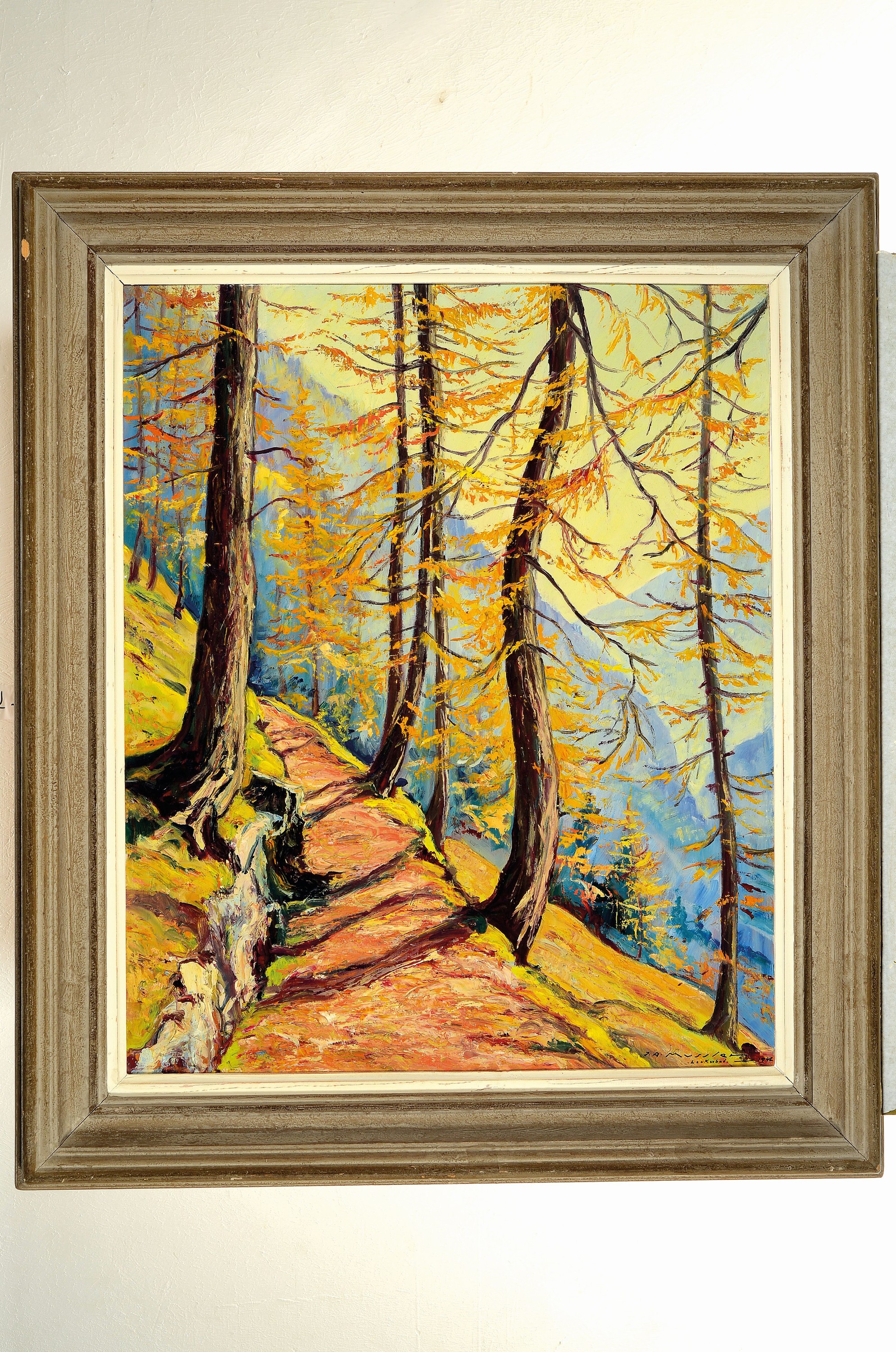 Detail k: Joseph Andre Mussler, 1904-1980, Blick durch die Bäume ins Gebirge, Öl/Holz, rechts unten signiert und sign. Leukerbad, ca. 74x60cm, R. ca. 92x79cm