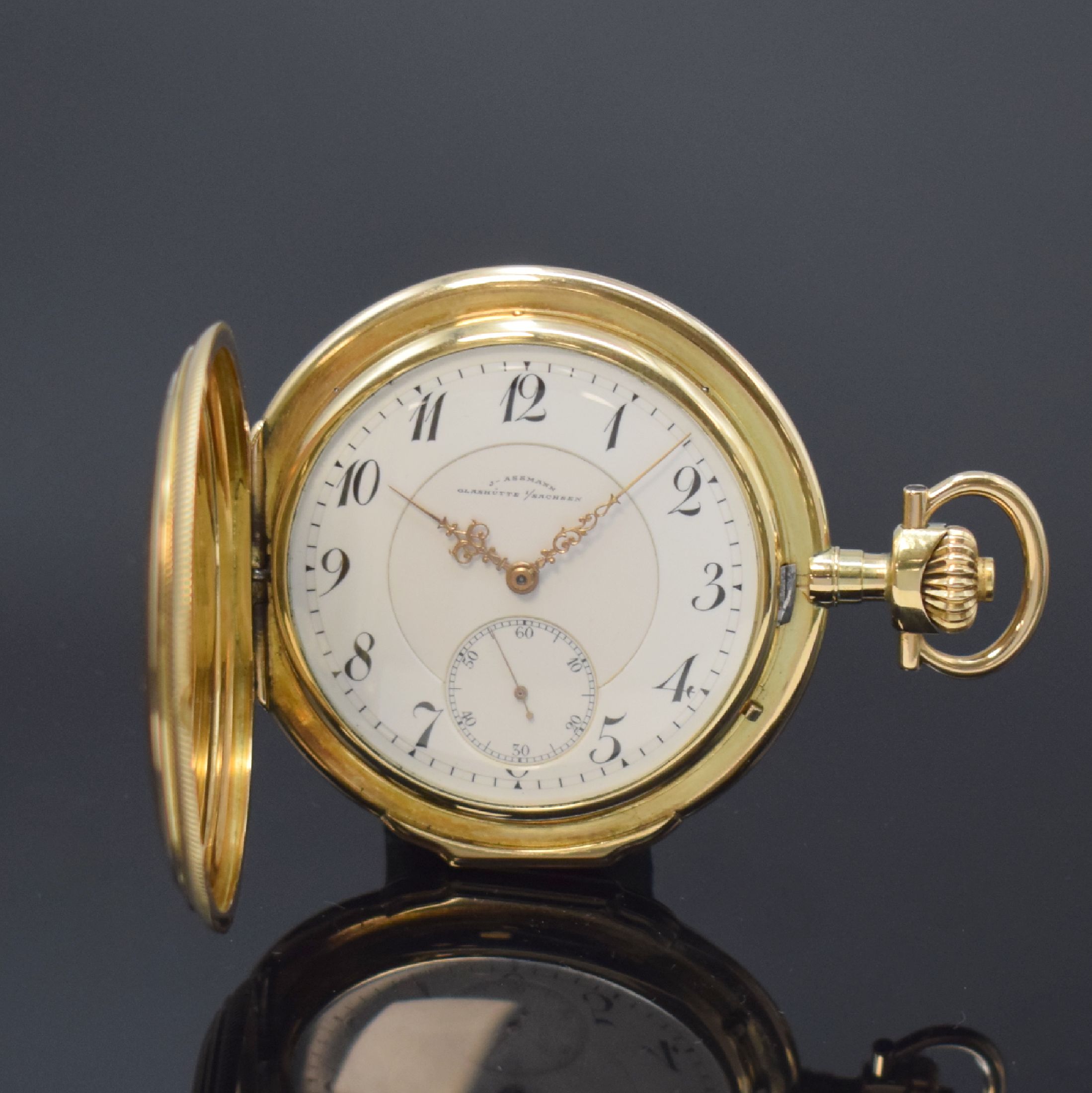 J. ASSMANN Glashütte I/Sachsen Savonette in GG 585/000, Deutschland um 1915, glattes, gestuftes 3-Deckel Goldgeh. m. großem Außenscharnier, ...