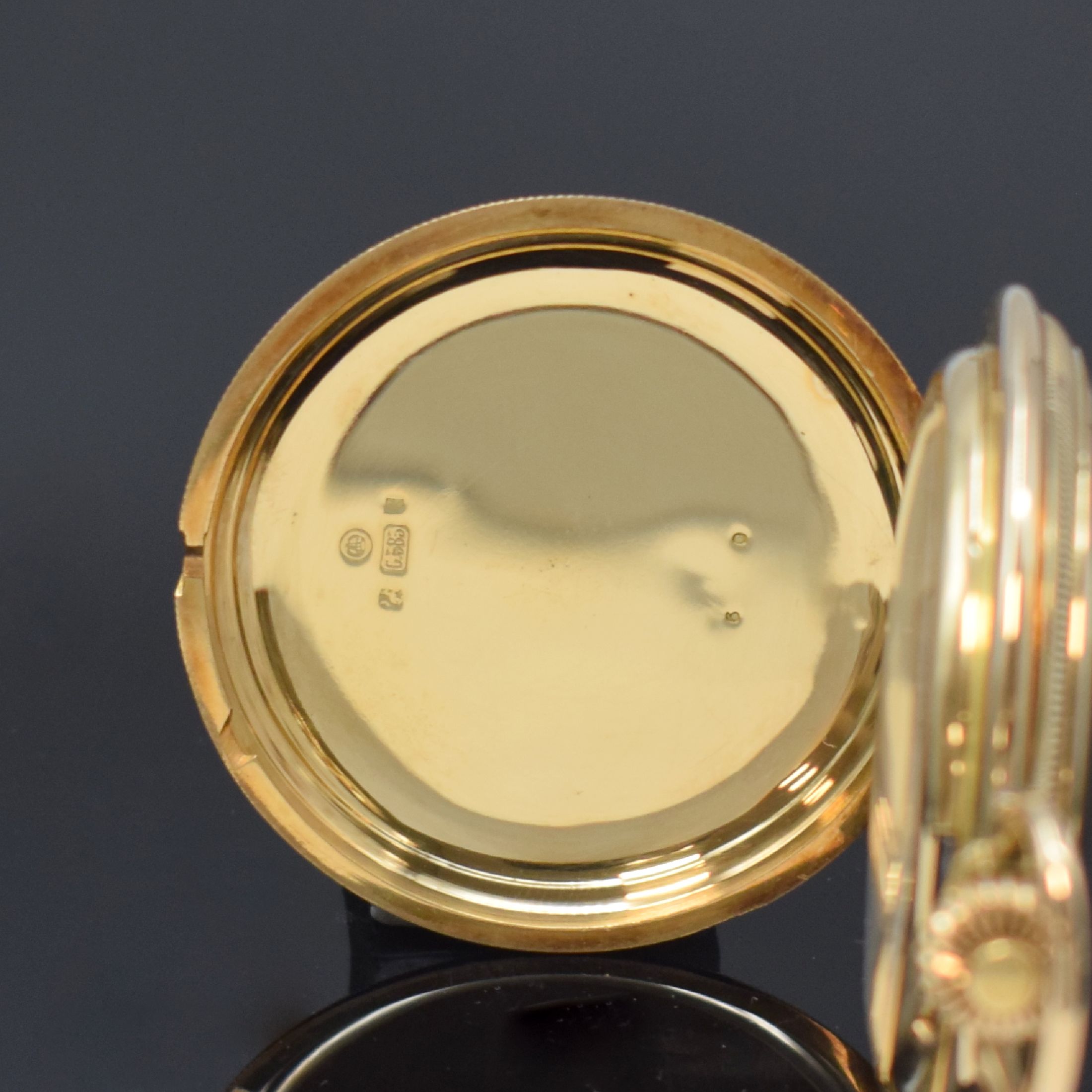 Detail a: J. ASSMANN Glashütte I/Sachsen Savonette in GG 585/000, Deutschland um 1915, glattes, gestuftes 3-Deckel Goldgeh. m. großem Außenscharnier, ...