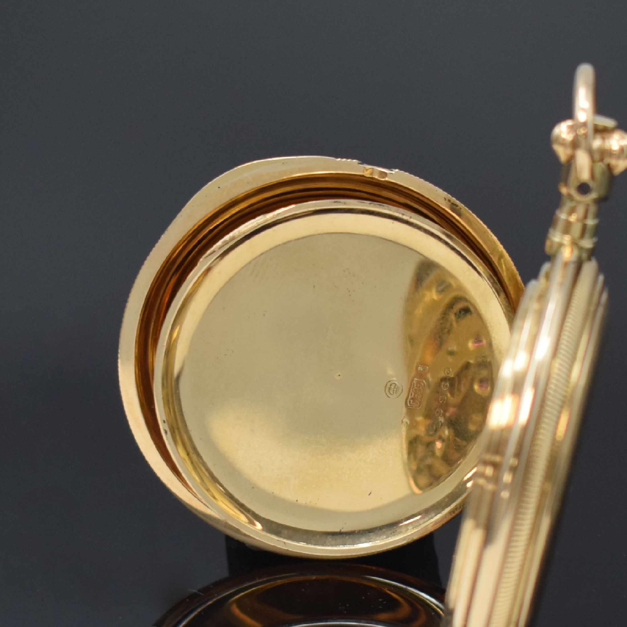 Detail e: J. ASSMANN Glashütte I/Sachsen Savonette in GG 585/000, Deutschland um 1915, glattes, gestuftes 3-Deckel Goldgeh. m. großem Außenscharnier, ...