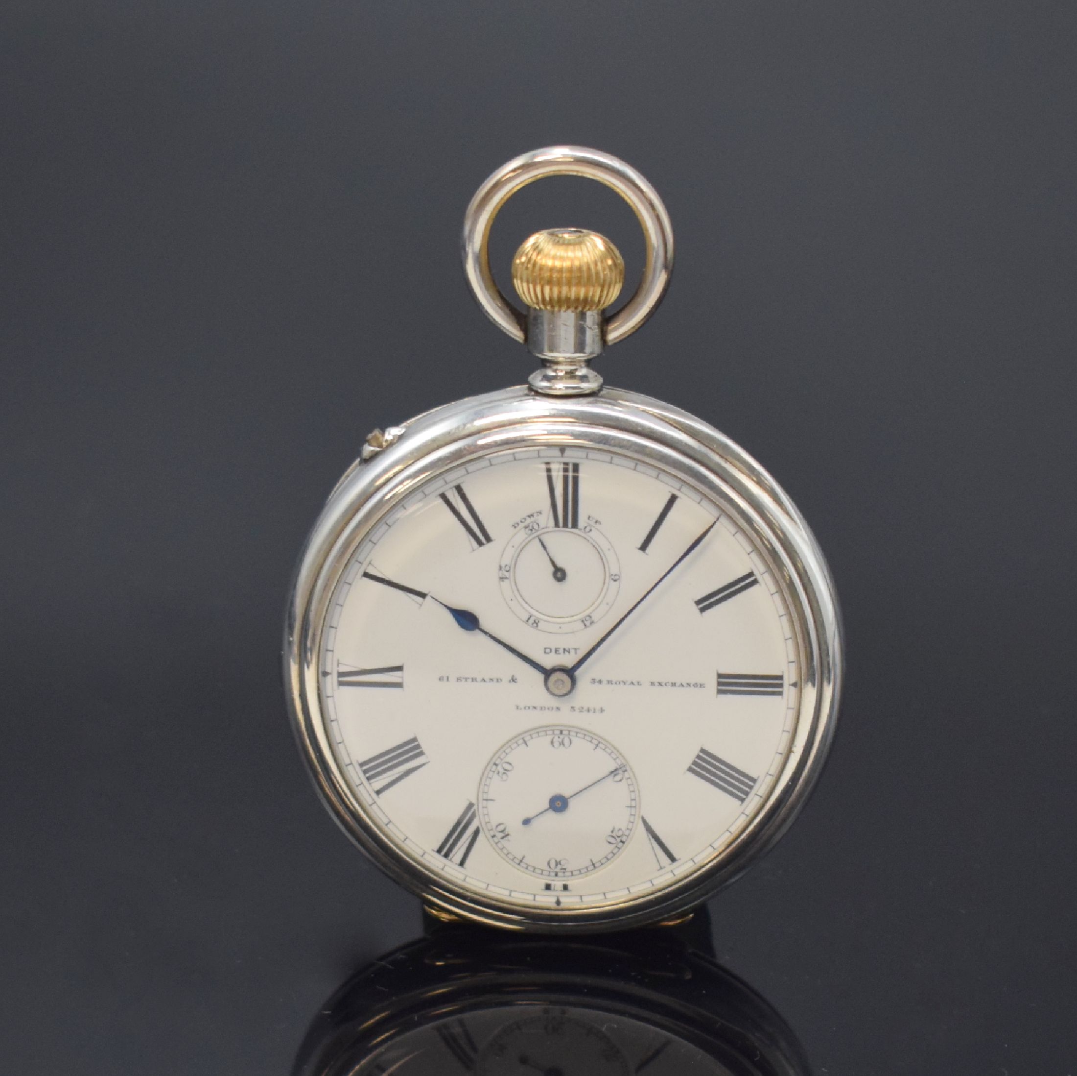 DENT LONDON offene Silber-Herrentaschenuhr mit Gangreserveanzeige Nr. 32414, um 1900, glattes Geh. m. Goldscharnieren, Emailzifferblatt m. röm. ...
