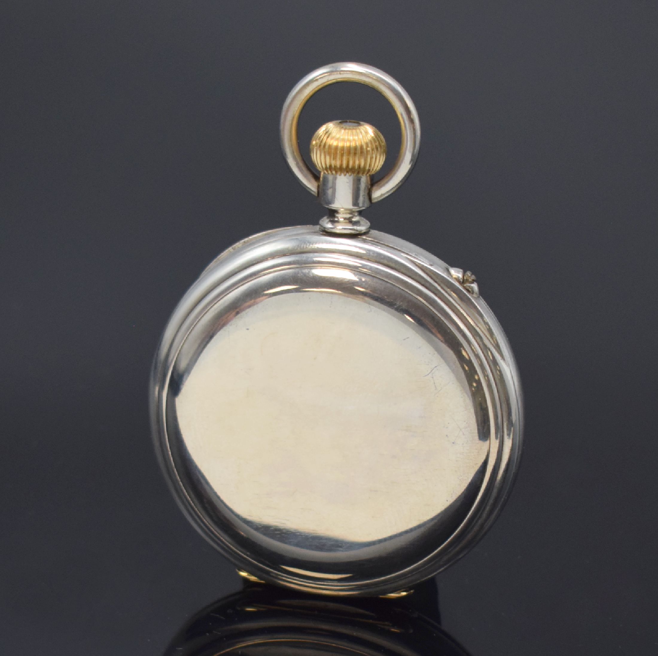 Detail a: DENT LONDON offene Silber-Herrentaschenuhr mit Gangreserveanzeige Nr. 32414, um 1900, glattes Geh. m. Goldscharnieren, Emailzifferblatt m. röm. ...