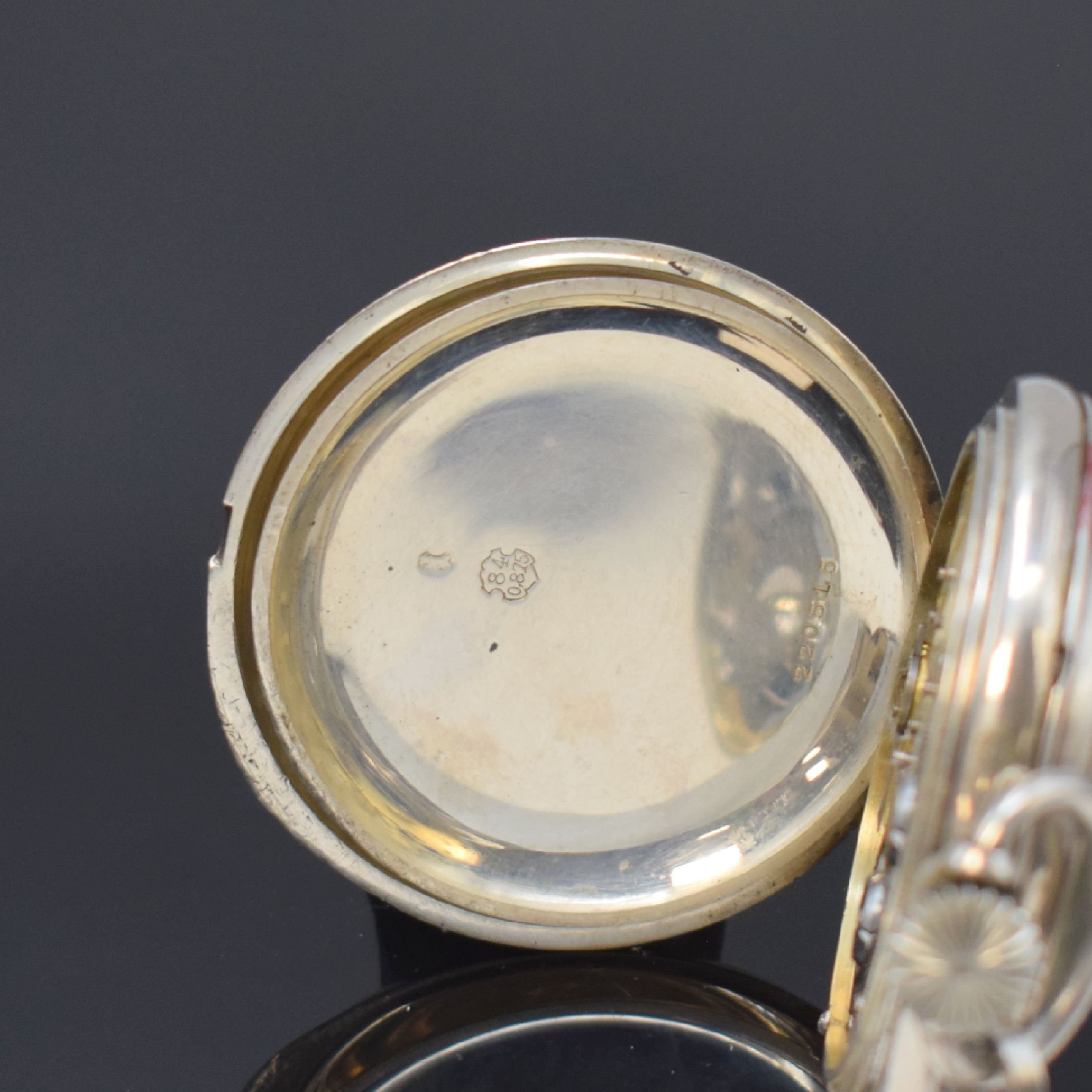 Detail d: Frühes IWC Taschenuhrwerk Kaliber 53 alt, Schweiz um 1890, Werknr. 50868, glattes, neutr. 875er Silbergeh., mattverg. 2/3 Platinenw., verschr. ...