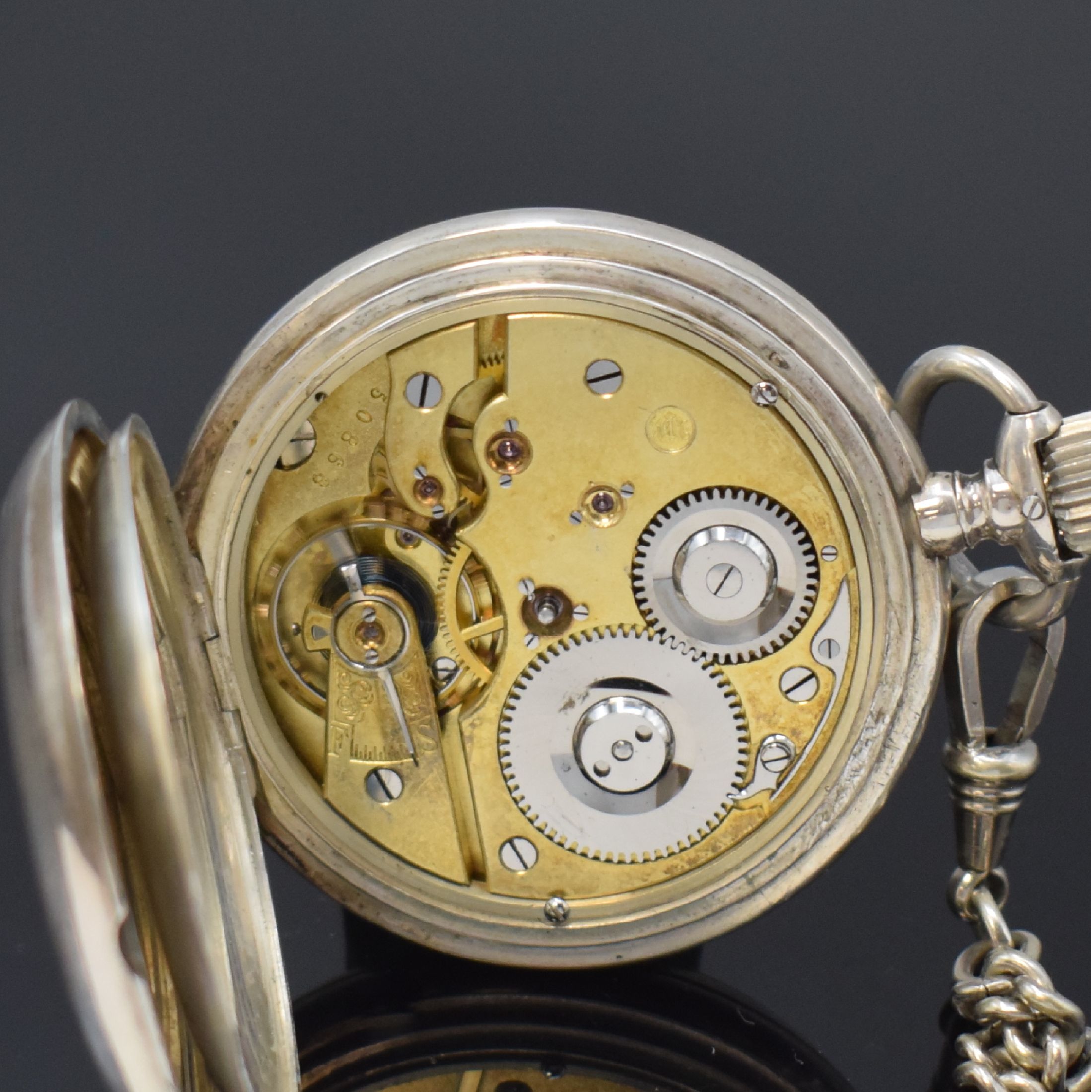 Detail e: Frühes IWC Taschenuhrwerk Kaliber 53 alt, Schweiz um 1890, Werknr. 50868, glattes, neutr. 875er Silbergeh., mattverg. 2/3 Platinenw., verschr. ...