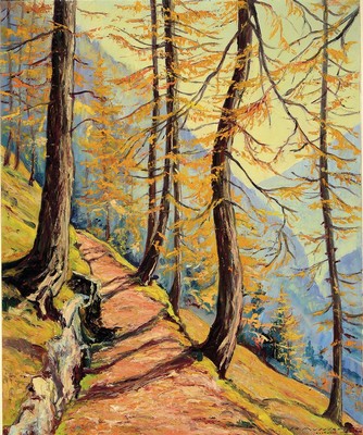 Image 26722771 - Joseph Andre Mussler, 1904-1980, view through the trees into the mountains, oil/wood, signedlower right and sign. Leukerbad, approx. 74x60cm, frame approx. 92x79cm