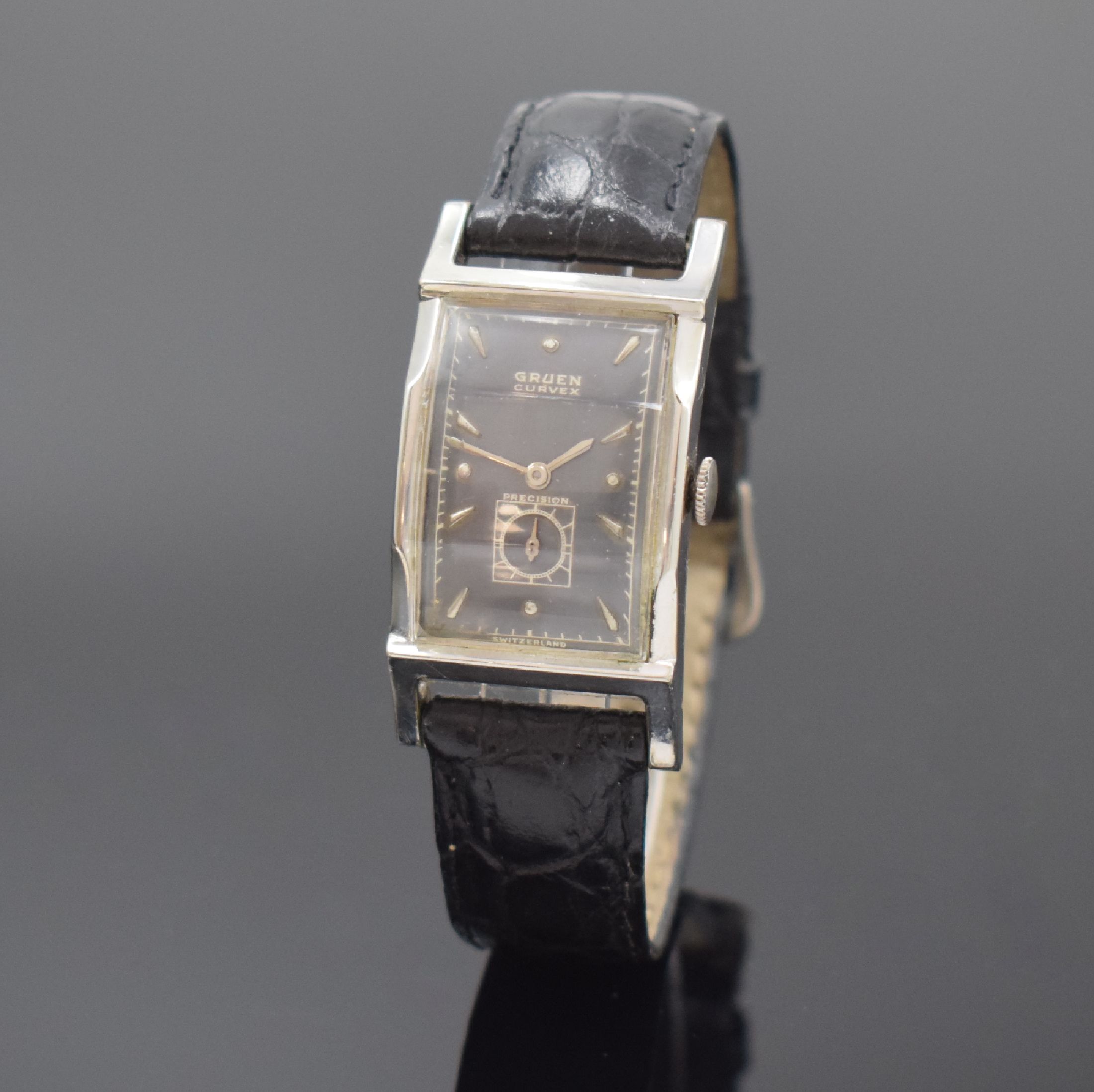 GRUEN Curvex Precision Armbanduhr, Handaufzug, Schweiz für USA 1940er Jahre, 2- teil. 10k Gold Filled Geh., Boden aufgedr., graues Zifferbl. rest., ...