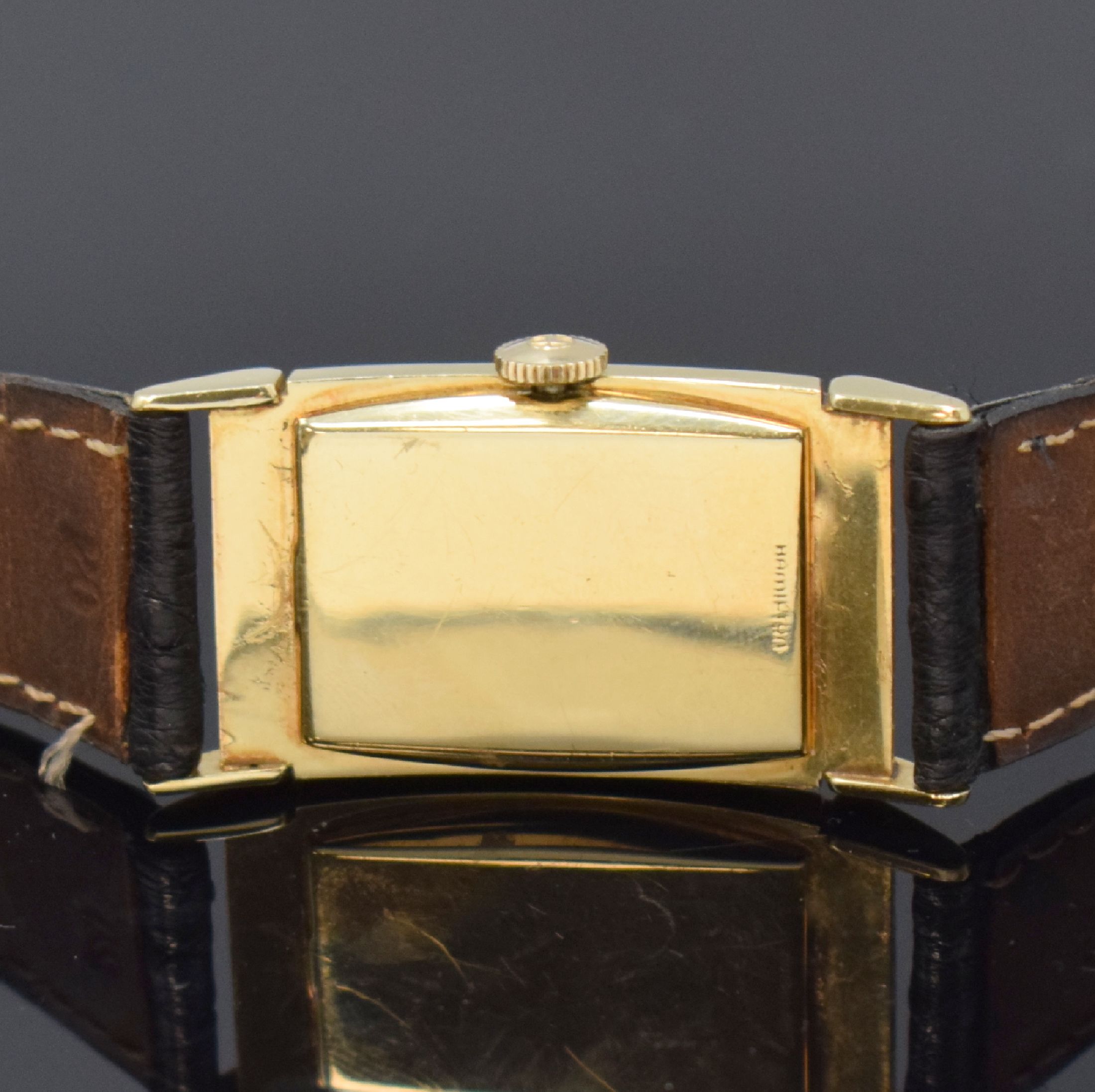 Detail c: HAMILTON rechteckige Gold filled Armbanduhr, Schweiz/USA um 1940, Handaufzug, Boden aufgedr., silb. Zifferbl. m. arab. Zahlen, gold. Zeiger, kl. Sek. ...