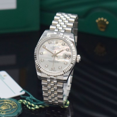 26723064a - ROLEX Datejust 31 reference 178274, self winding, LC 100, superlative chronometer officially certified, stainless steel case including jubilee-bracelet with deployant clasp, fluted white gold-bezel, screwed-down case back & winding crown, mother of pearl dial with 10 in white gold set diamond indices, display of hours, minutes, sweep seconds & date under sapphire loupe glass, diameter approx. 31 mm, length approx. 18,5 cm, original box, Hangtags & papers, sold in October 2019, condition 1-2