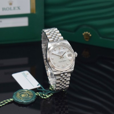 26723064c - ROLEX Datejust 31 reference 178274, self winding, LC 100, superlative chronometer officially certified, stainless steel case including jubilee-bracelet with deployant clasp, fluted white gold-bezel, screwed-down case back & winding crown, mother of pearl dial with 10 in white gold set diamond indices, display of hours, minutes, sweep seconds & date under sapphire loupe glass, diameter approx. 31 mm, length approx. 18,5 cm, original box, Hangtags & papers, sold in October 2019, condition 1-2