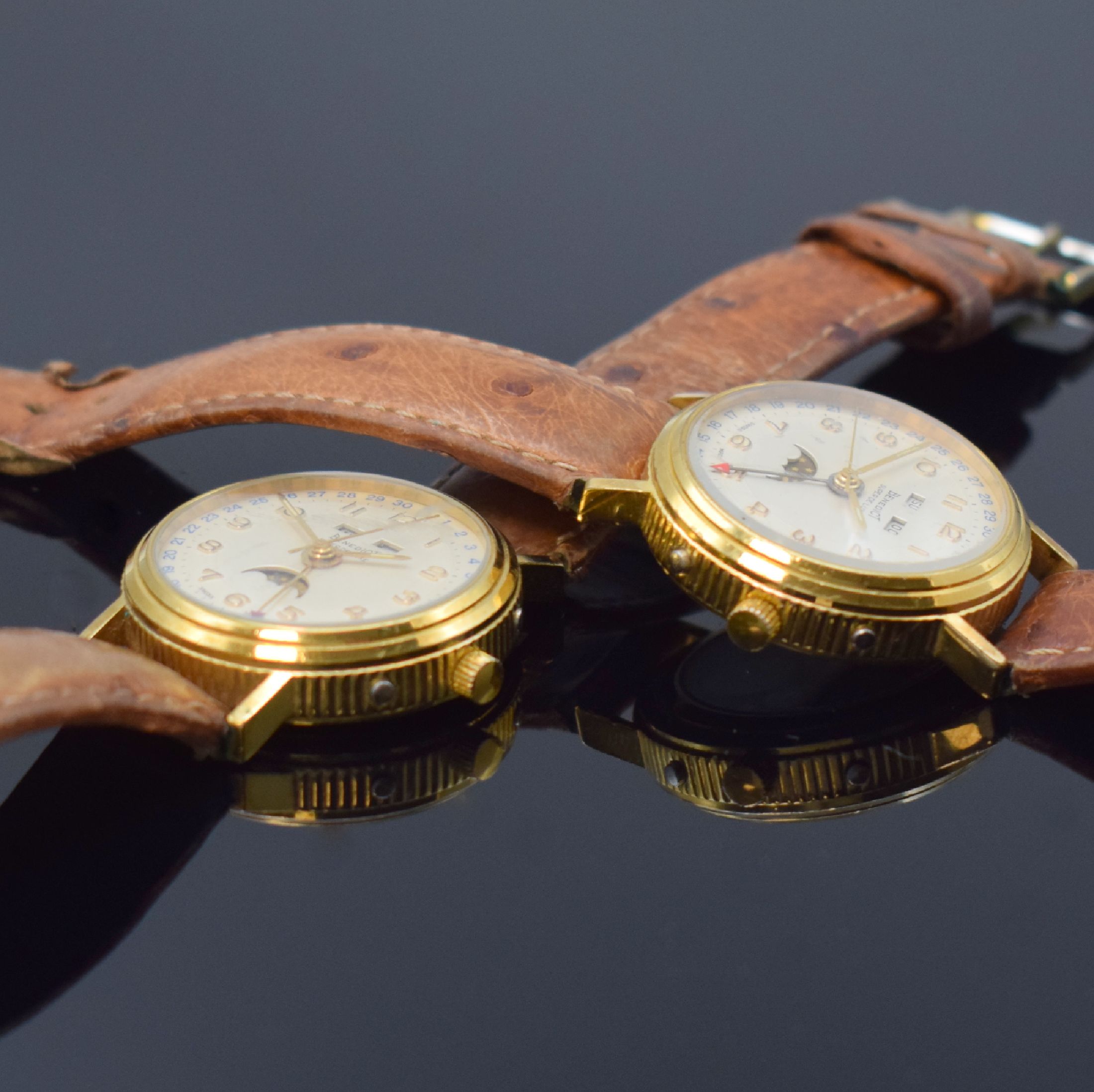 Detail a: BENEDICT Super De Luxe 2 Herrenarmbanduhren mit Vollkalender inklusive Mondphase, Schweiz um 1990, Handaufzug, verg. Geh., Münzränder, beids. ...