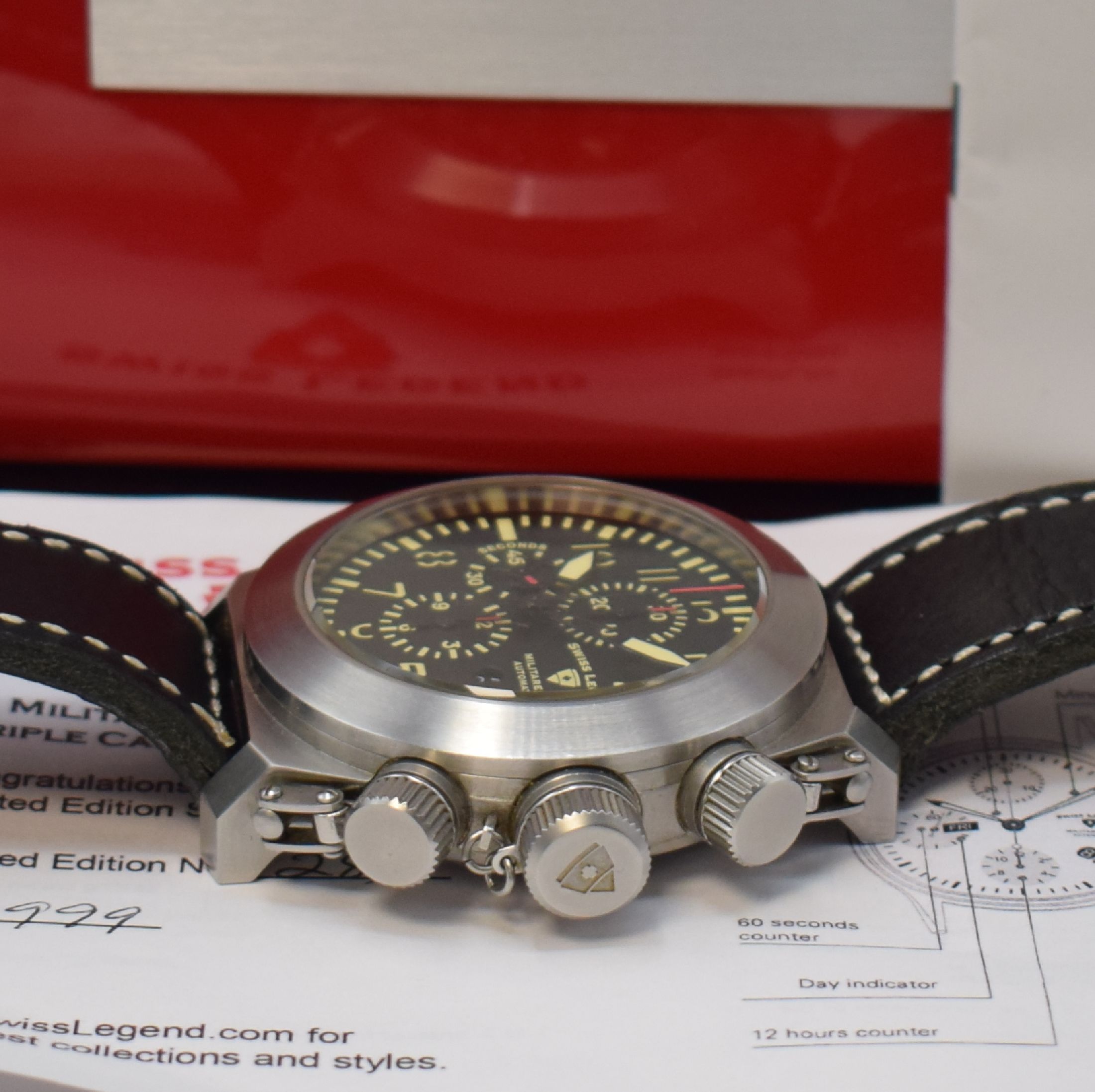 Detail b: SWISS LEGEND auf 999 Stück limitierter Armbandchronograph Militare No 1, Schweiz um 2011, Automatik, Sondermodell in Edelstahl, Boden m. ...