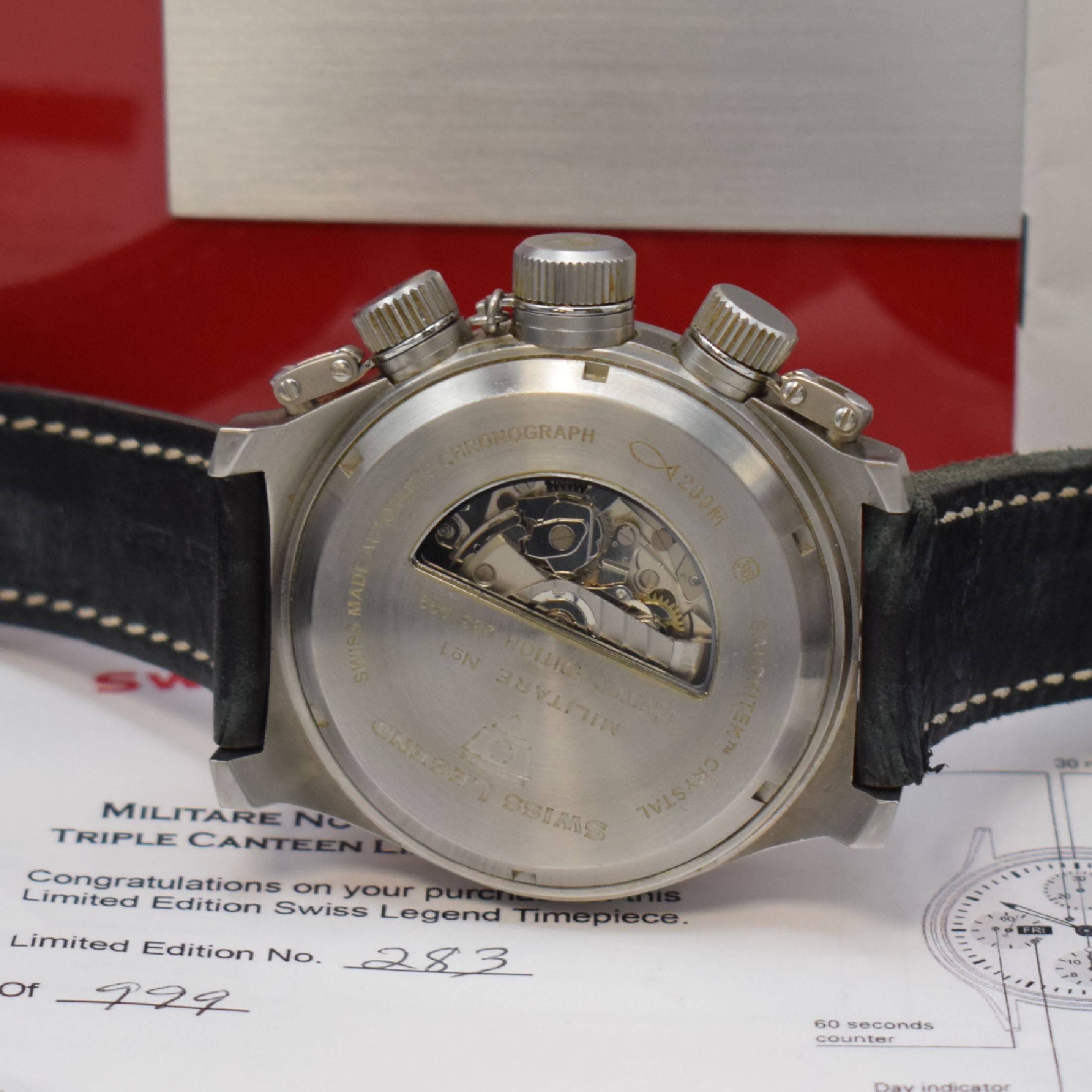 Detail c: SWISS LEGEND auf 999 Stück limitierter Armbandchronograph Militare No 1, Schweiz um 2011, Automatik, Sondermodell in Edelstahl, Boden m. ...