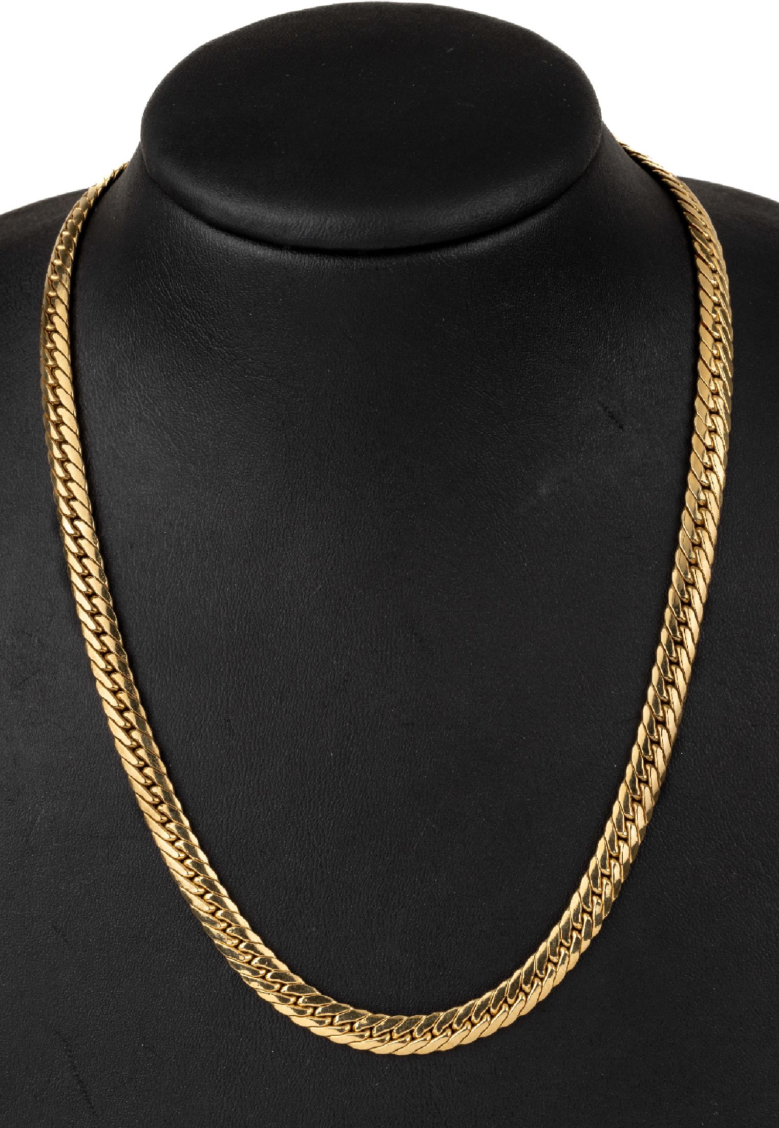 18 kt Gold Flachpanzerkette, GG 750/000, L. ca. 44 cm, ca. 20.6 g, Karabinerschließe