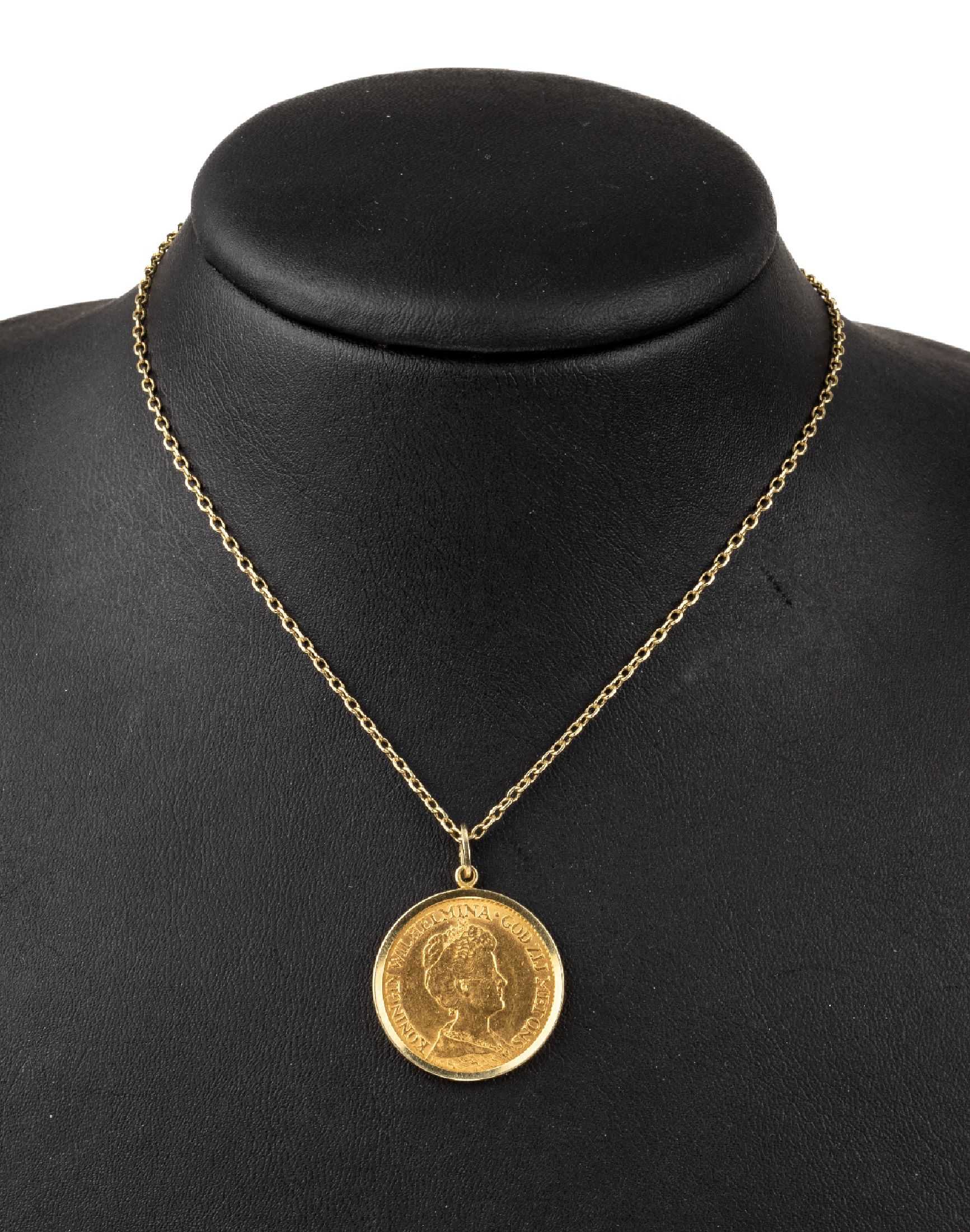 14 kt Gold Collier mit Münzanhänger, GG 585/000, Münzanhänger: Goldmünze 10 Gulden, 1917, Niederlande, Königin Wilhelmina, ca. 12.4 g