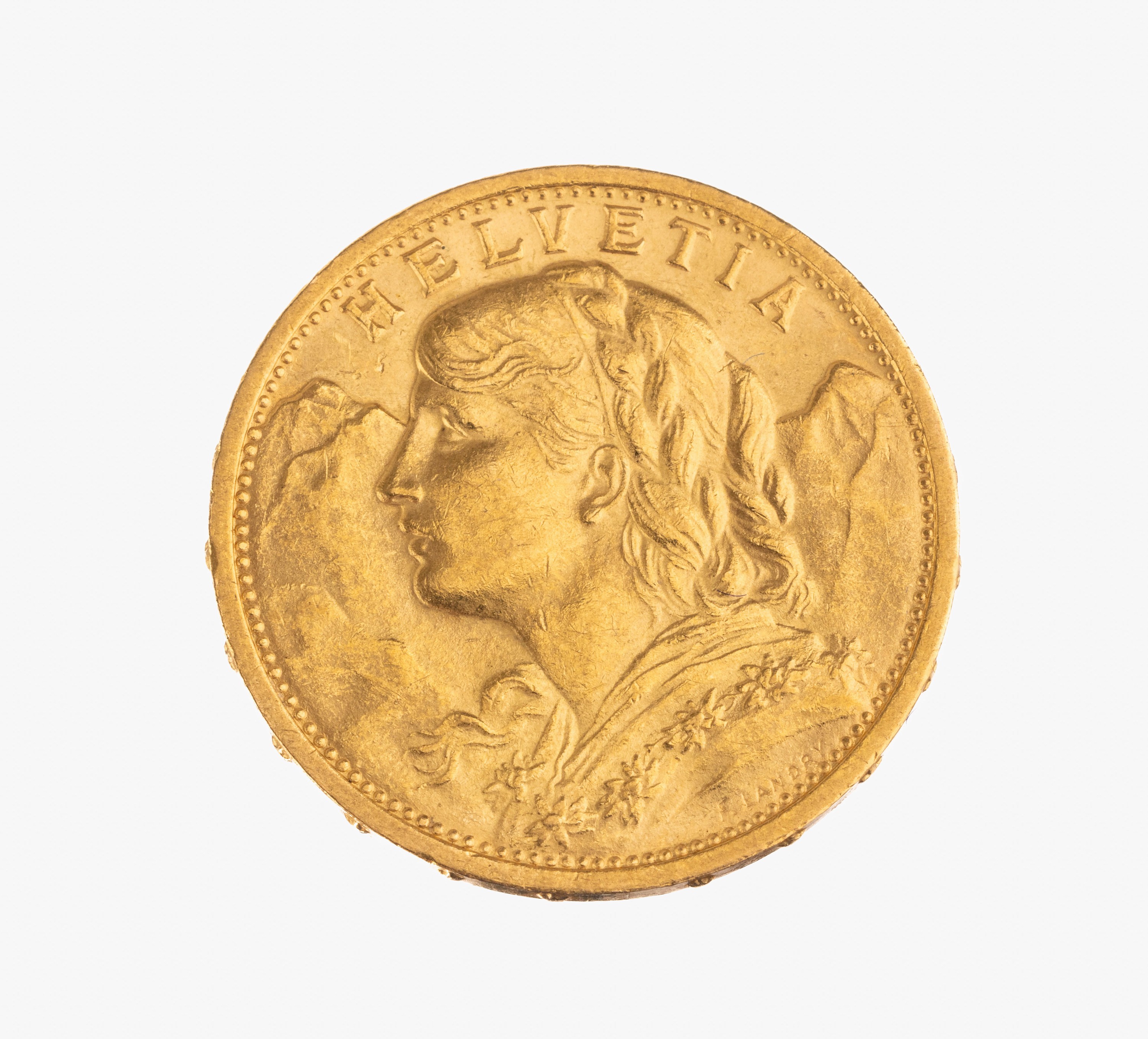 Goldmünze 20 Franken, Schweiz 1912, sogn. Vreneli, Prägemarke B