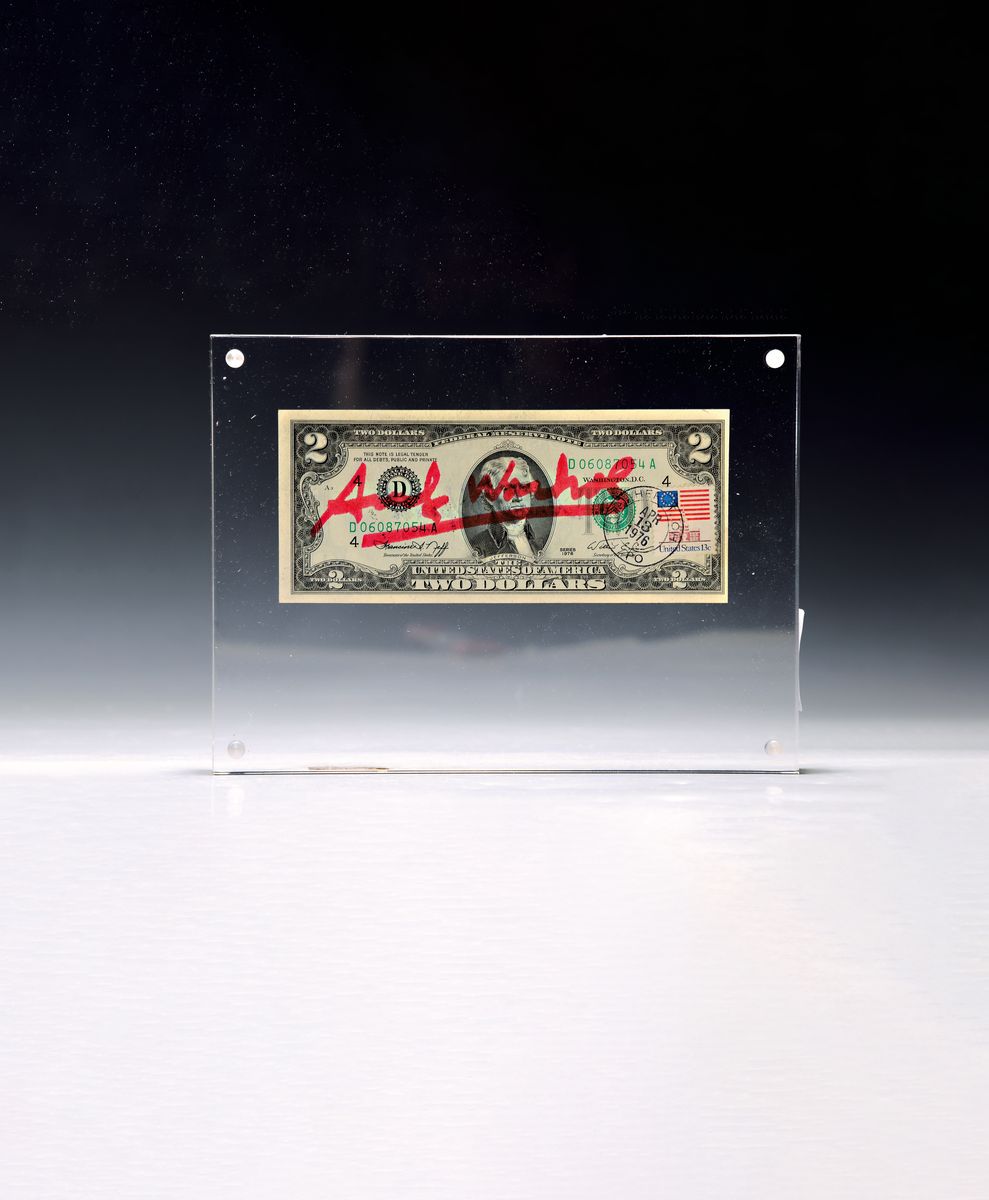 Andy Warhol, 1928-1987, 2 Dollars (Thomas Jefferson), 1976, Front mir rotem Filzstift signiert, verso Stempelsignatur, Schein Nr. D06087054A, in ...