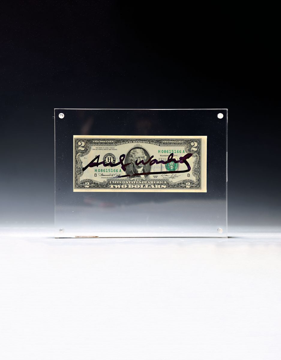 Andy Warhol, 1928-1987, 2 Dollars (Thomas Jefferson), 1976, Front mit schwarzem Filzstift signiert, verso Stempelsignatur, Briefmarke 13ct und ...