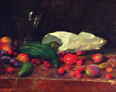 Image 26723272 - W. Russell, 20th century artist, table still life with cherries, pears, plums and peaches, close observation of the various surfaces, oil/wood, signed lower left, 30x37 cm, frame 44x52 cm