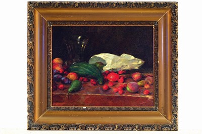 26723272k - W. Russell, 20th century artist, table still life with cherries, pears, plums and peaches, close observation of the various surfaces, oil/wood, signed lower left, 30x37 cm, frame 44x52 cm