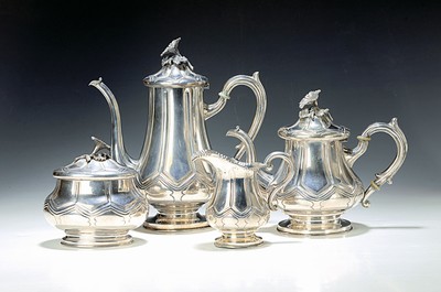 Image 26723273 - Coffee and tea set, German, around 1900/10, 800 silver, coffee pot, teapot, sugar bowl, milk jug, partly gilded on the inside, geom. Field decoration, with large lid flower, approx. 1630 g